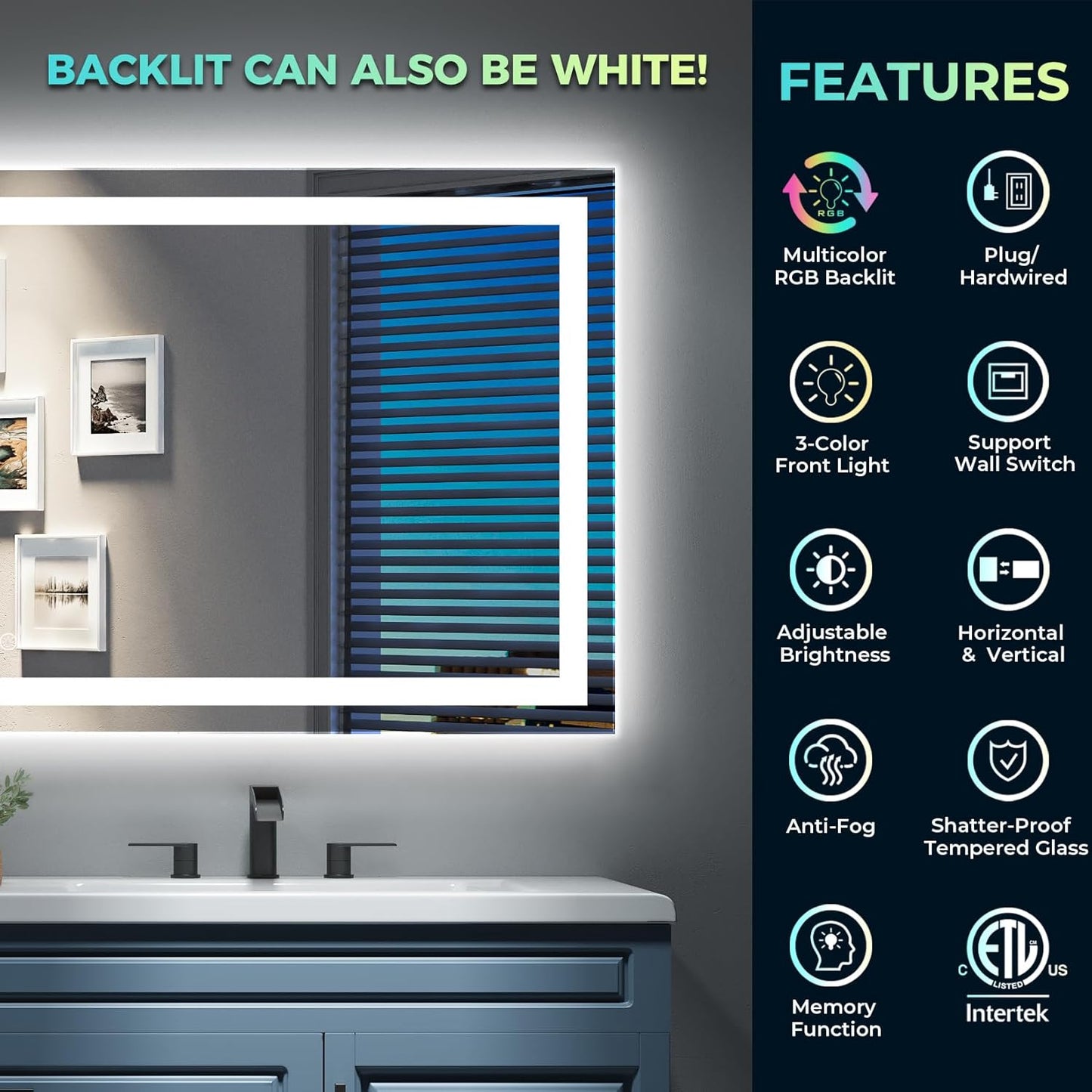 68x40 Inch RGB LED Bathroom Mirror Front Light and RGB Backlit Lighted Vanity Mirror for Bathroom Wall Mounted Dimmable Anti Fog Memory Shatter-Proof IP54 Waterproof Horizontal/Vertical