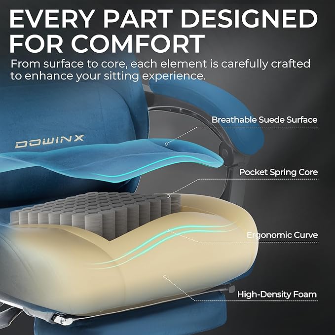 Dowinx Big and Tall Gaming Chair, Suede Fabric Game Chair with Pocket Spring Cushion, High Back Gamer Chair Ergonomic with Footrest for Adults Office, 440LBS, Blue