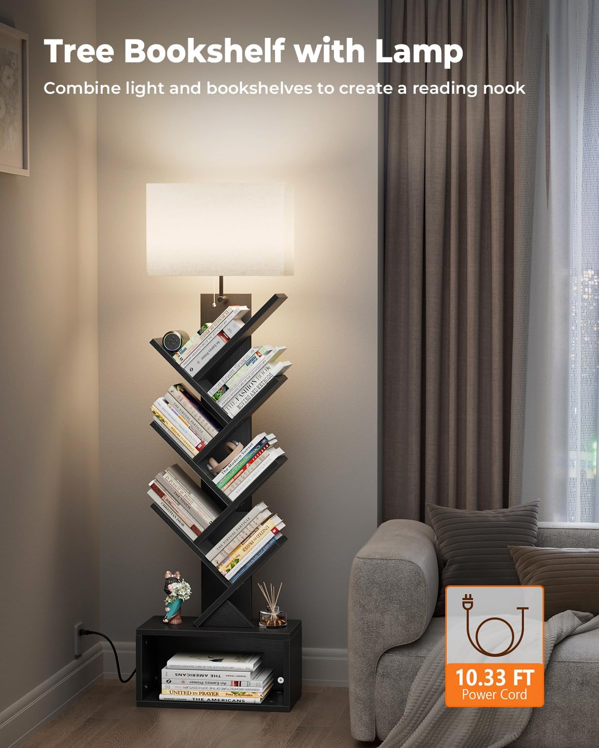 6 Tier Tree Bookshelf with Light, Narrow Bookcase Tower, Tall Floor Standing Book Shelf Organizer with Storage Cabinet for Living Room, Bedroom and Home Office, Black