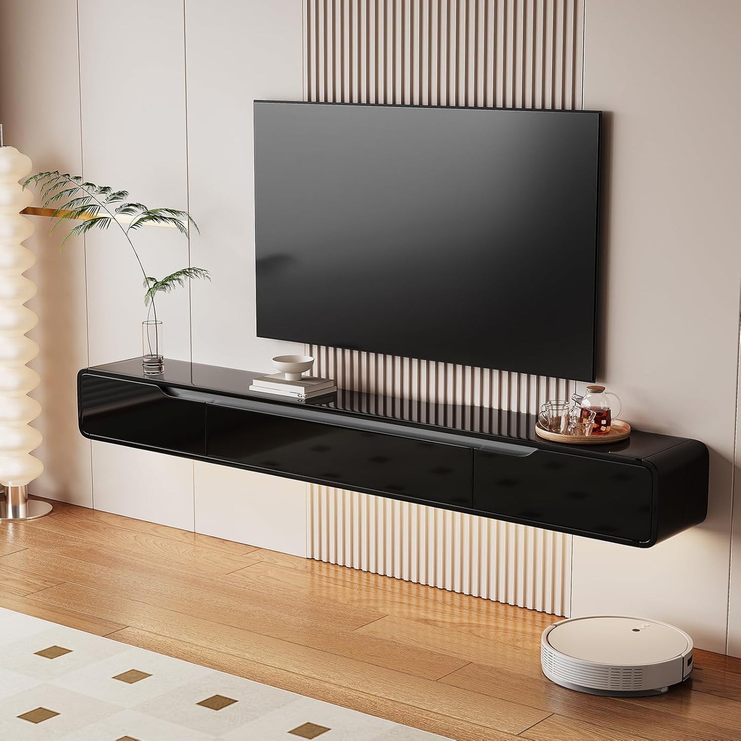 High Gloss Floating TV Stand with 3 Doors,47'' Wall Mounted TV Cabinet,Under TV Console,Floating Media Shelft for Bedroom Living Room(Black)