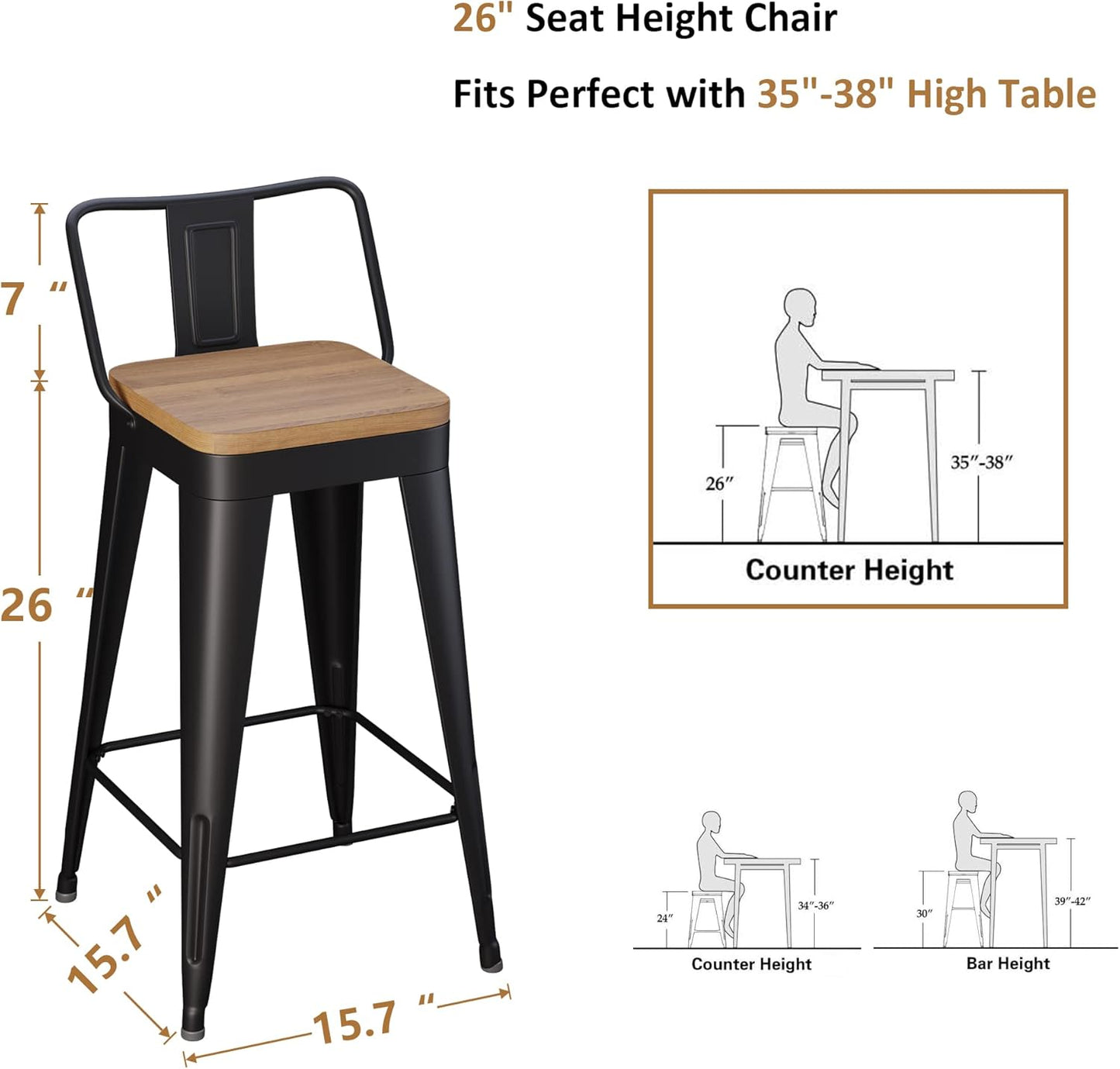 WENTMENT Metal Bar Stools Set of 4 Counter Height Barstools with Removable Back 26" Kitchen Bar Stools with Wooden Seat, Black