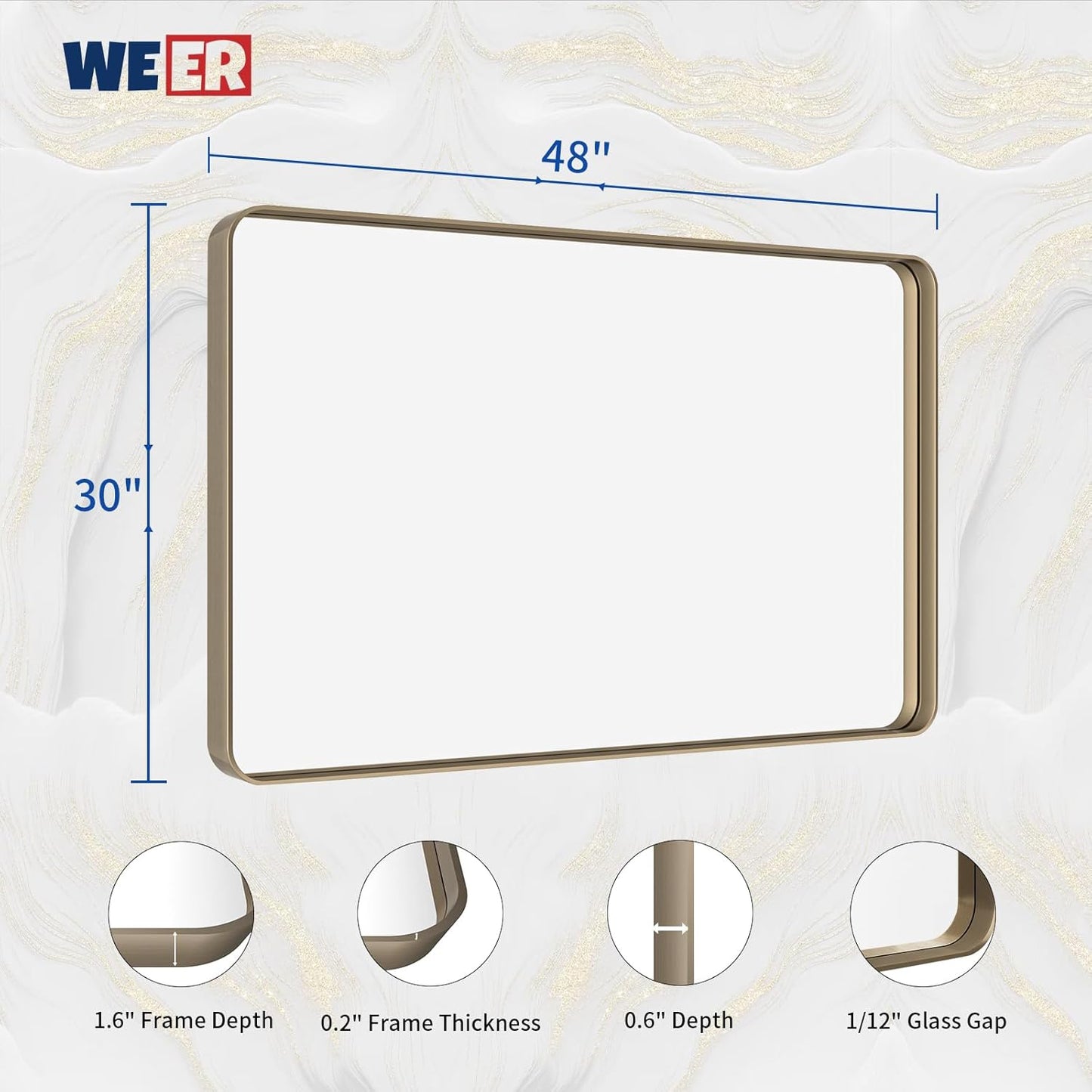 WEER 48x30 Inch Bronze Bathroom Mirror for Vanity, Brushed Bronze Metal Frame Mirror for Wall, Rounded Rectangle Bronze Frame Mirror with Tempered Glass, Anti-Rust (Horizontal/Vertical)