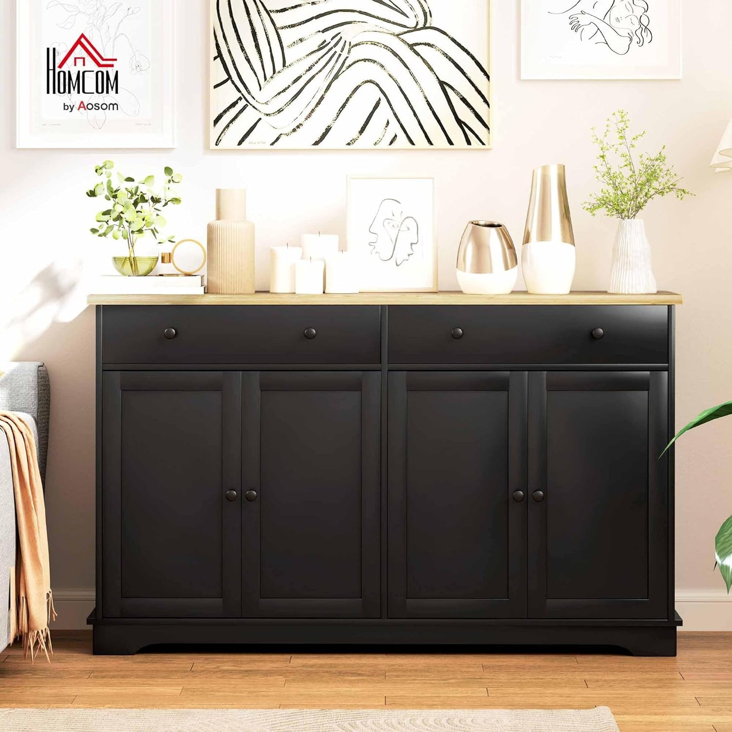 HOMCOM Sideboard Buffet Cabinet with Storage, 55" Modern Kitchen Cabinet with 4 Doors, 2 Drawers and 2 Adjustable Shelves, Coffee Bar, Black