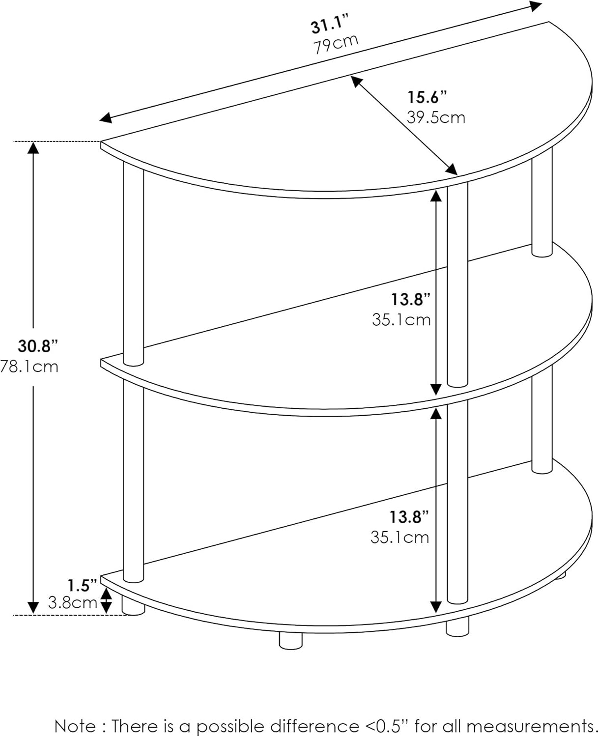 Furinno Frans Turn-N Half Round Console Table with Stainless Steel Tubes, White Oak, 15.6D x 31.1W x 30.8H in