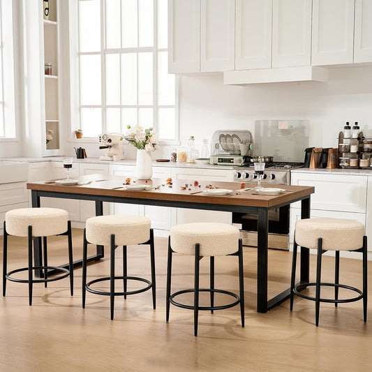 Modern Dining Chairs Set of 4, 23.6" Beige Round Backless Boucle Sherpa Upholstered Dining Chair with Solid Metal Legs for Kitchen, Living Room