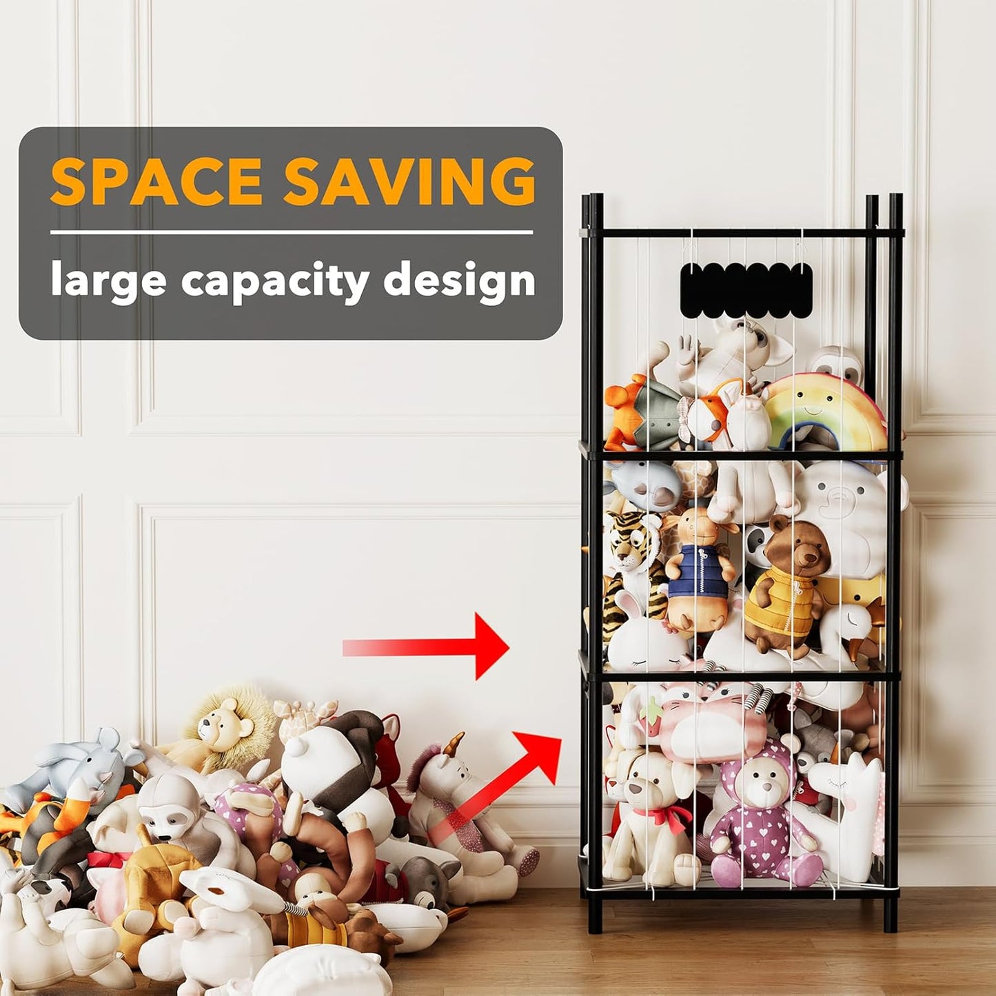 SpaceAid Stuffed Animal Storage Organizer, Wood Animals Zoo Toy Plushies Storage Holder, Large Capacity Plush Toy Cage for Playroom Organization, 22.8" Wide, Black