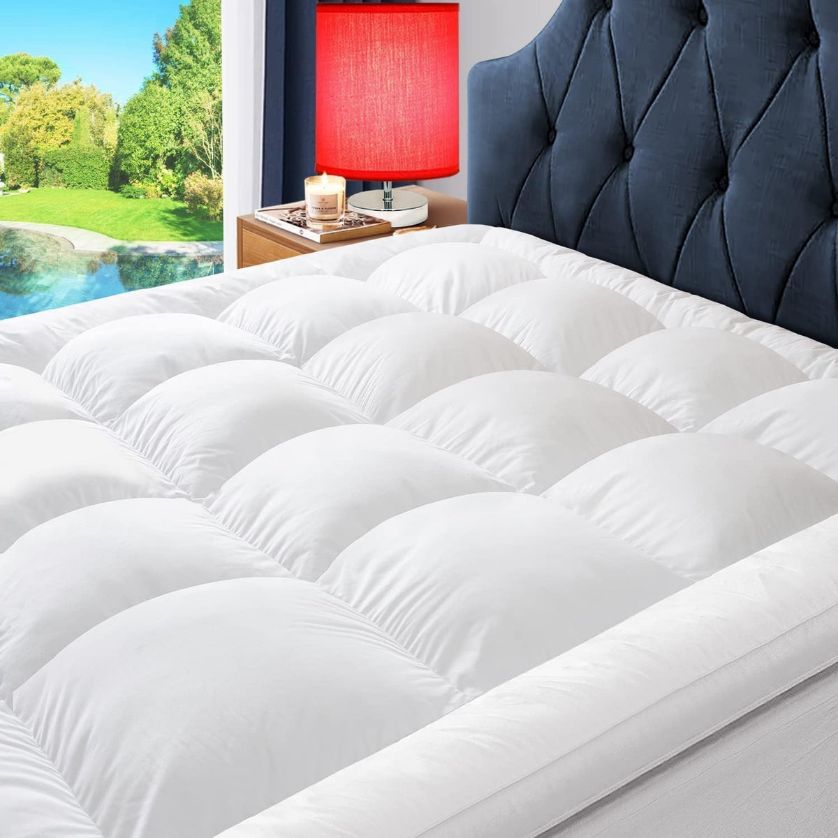 ELEMUSE 1300 GSM Overfilled Mattress Topper Queen with Baffle Box Design,Extra Thick Cooling Pillow Top Pad, 400TC Cotton Cover, Plush & Support Snow Down Alternative, White