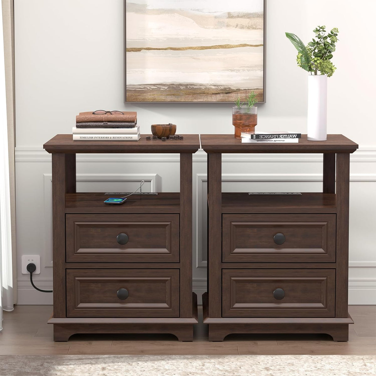 18" Wide End Table with Fast Charging Station Set of 2, 18” Wide Sofa Side Table with Drawers,End Table with Drawers for Living Room,Cherry