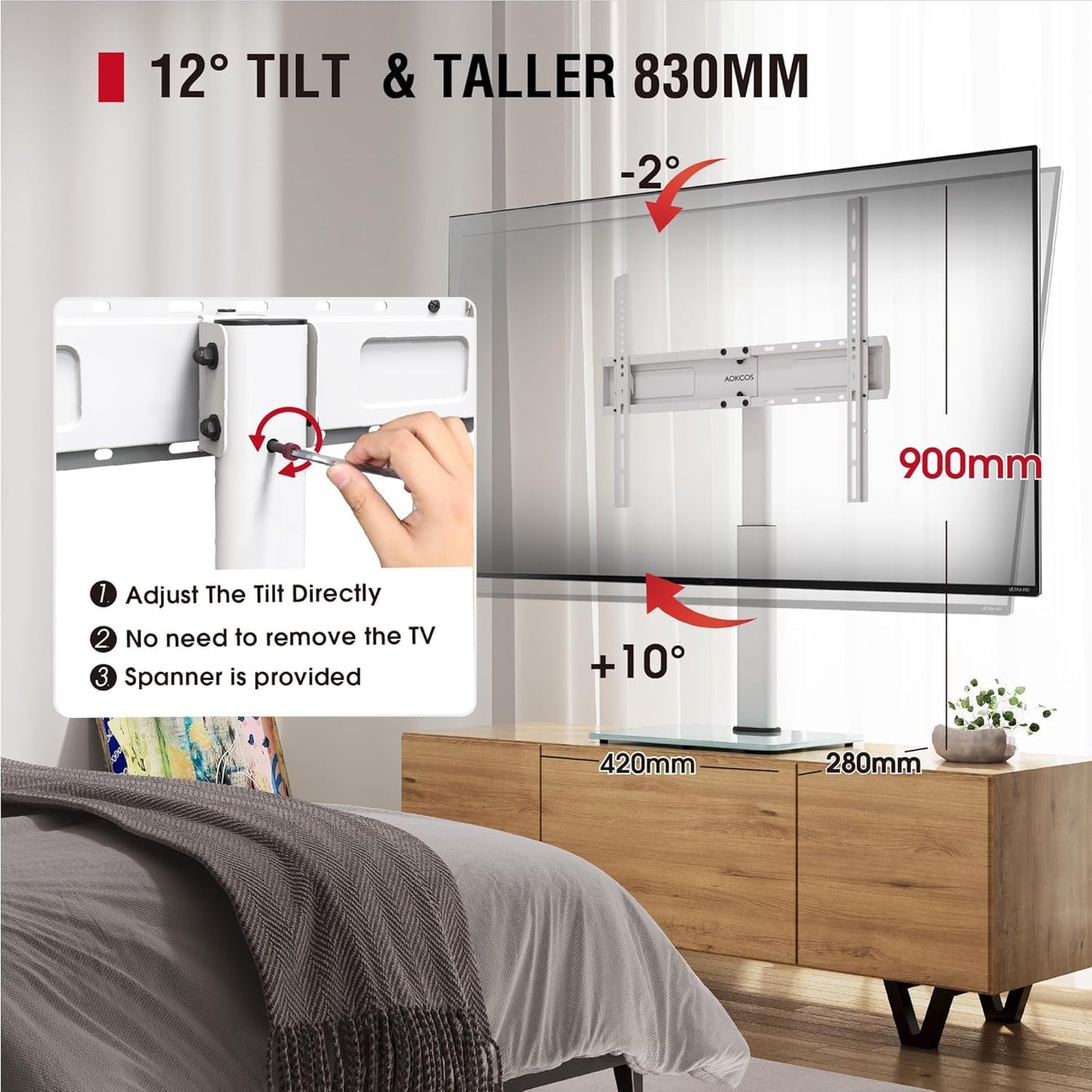 Swivel Universal TV Stand for 32-75 inch TVs with Tilt Down/Up, 8 Levels Height Adjustable Table Top TV Mount Stand with Stable Heavy Duty Tempered Glass Base, MAX VESA 600x400 mm up to 99lbs, White