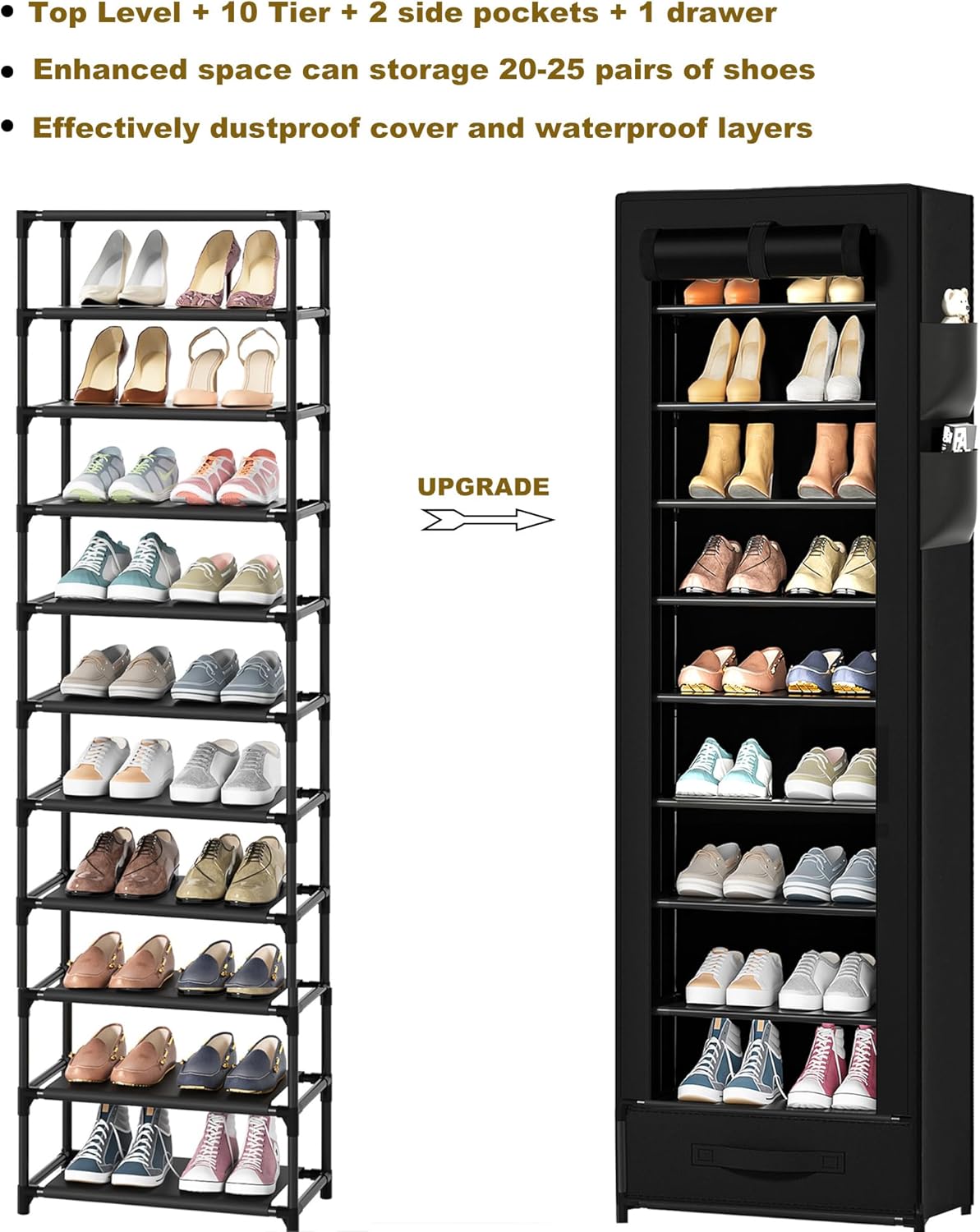 Shoes Rack 10 Tier Tall Shoe Rack Narrow Shoe Rack with Storage Box,Fabric Covered Metal Shoe Rack Organizer for Closets