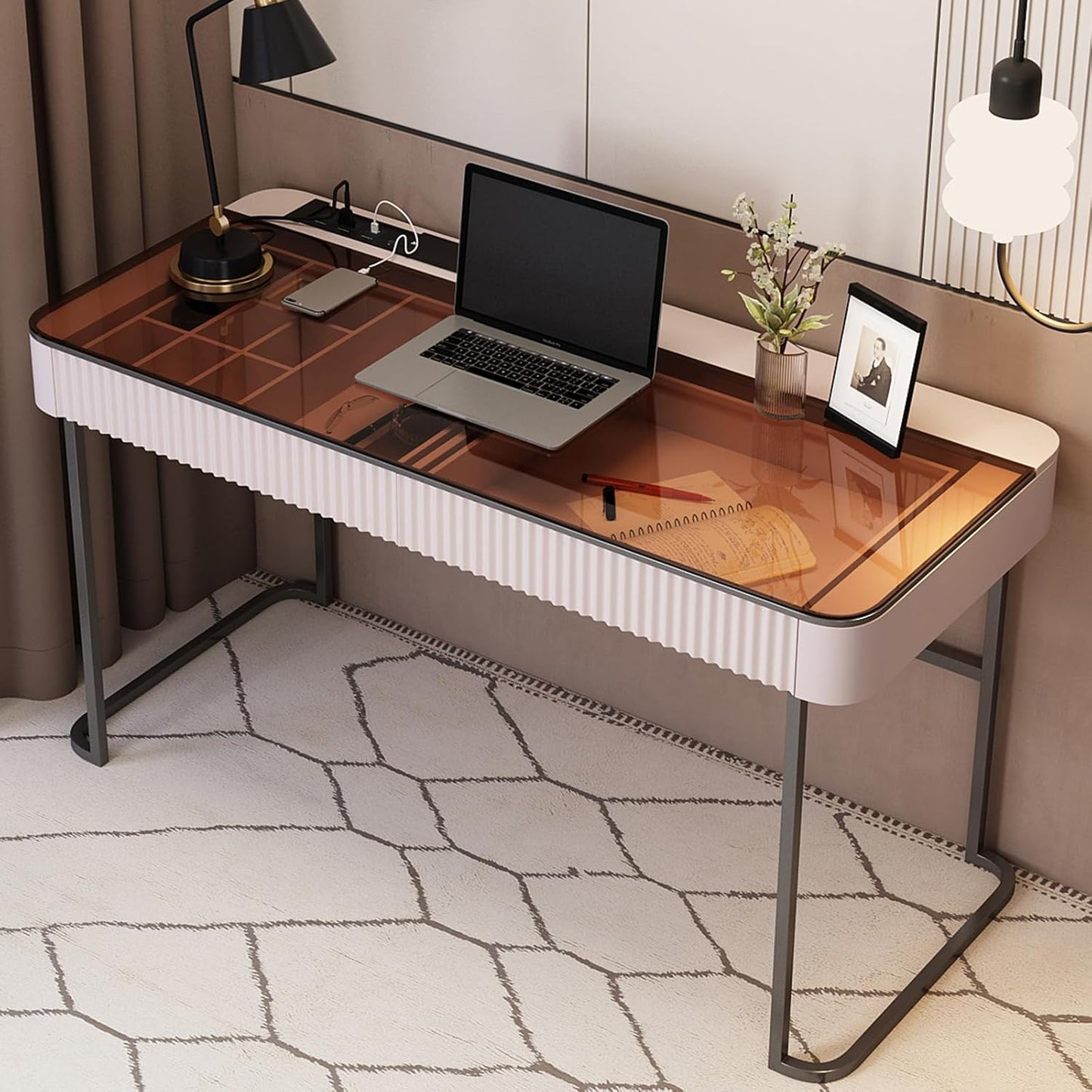Lartis Home Office Desk Computer Desk Pale Pink Writing Desk - Makeup Vanity no Mirror Intelligent Socket with USB Port Compartmentalized Storage