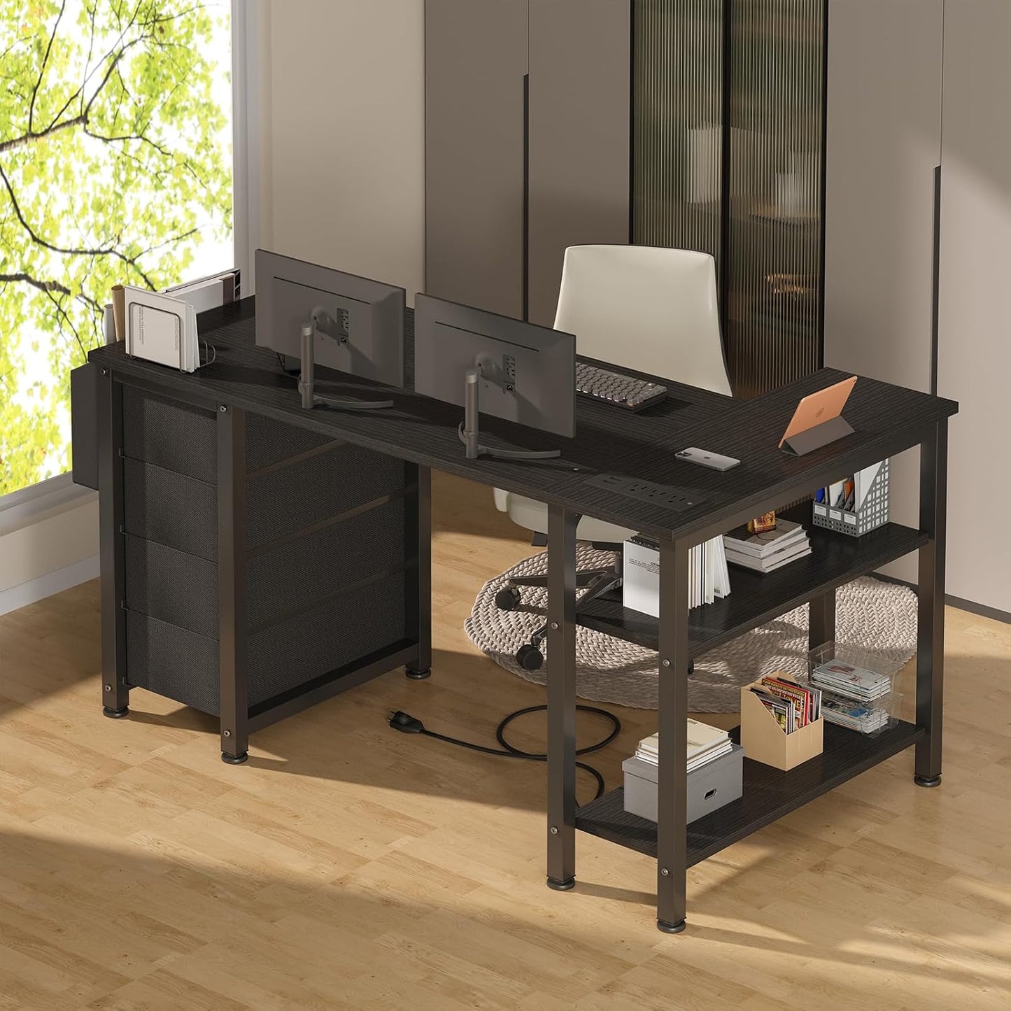 Lufeiya L Shaped Gaming Desk with Drawers & Storage Shelves, 47 Inch Reversible Corner Computer Desk with Power Outlet for Home Office Bedroom, L-Shaped Teen PC Desks with Fabric Drawer, Black