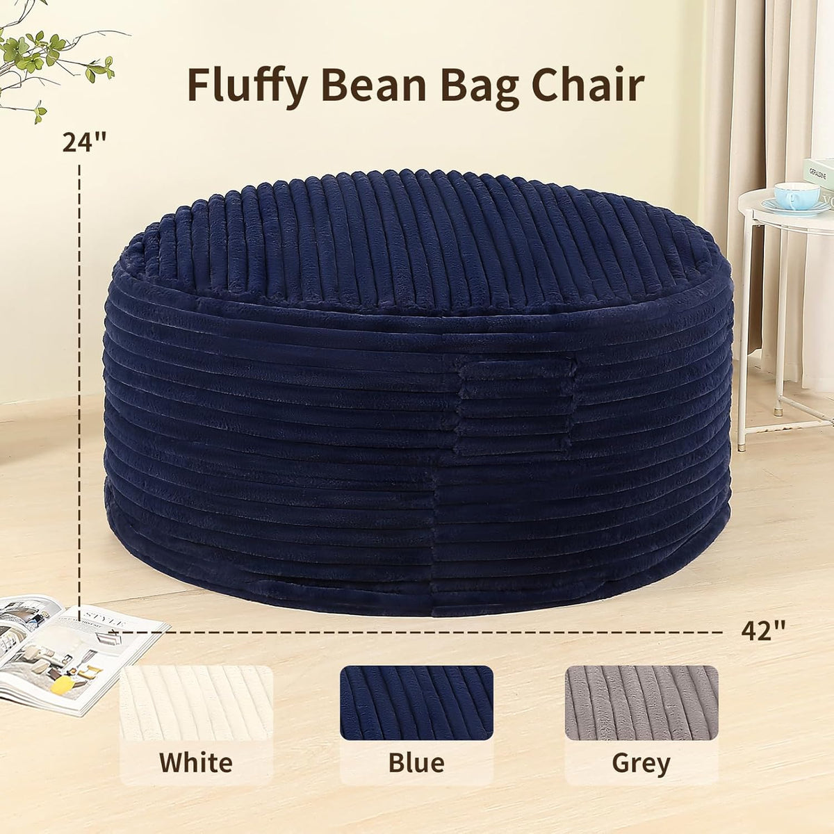4FT Memory Foam Bean Bag Chair for Adults/Teens, Bean Bag Sofa with Fluffy Removable Cover, for Living Room Bedroom, Blue