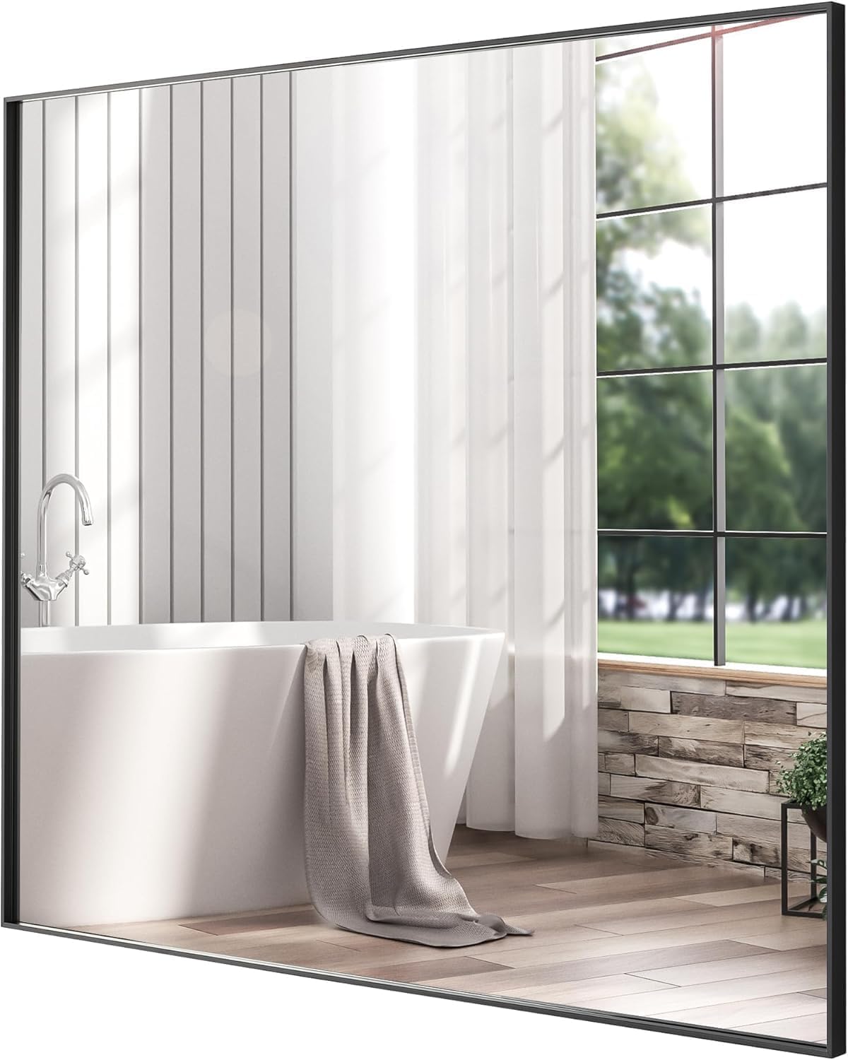 28x28 Inch Black Bathroom Mirror, Copper-Free Aluminum Alloy Frame Vanity Mirror, Rectangle Wall Mounted Modern Mirror for Bedroom/Living Room/Porch Horizontal or Vertical
