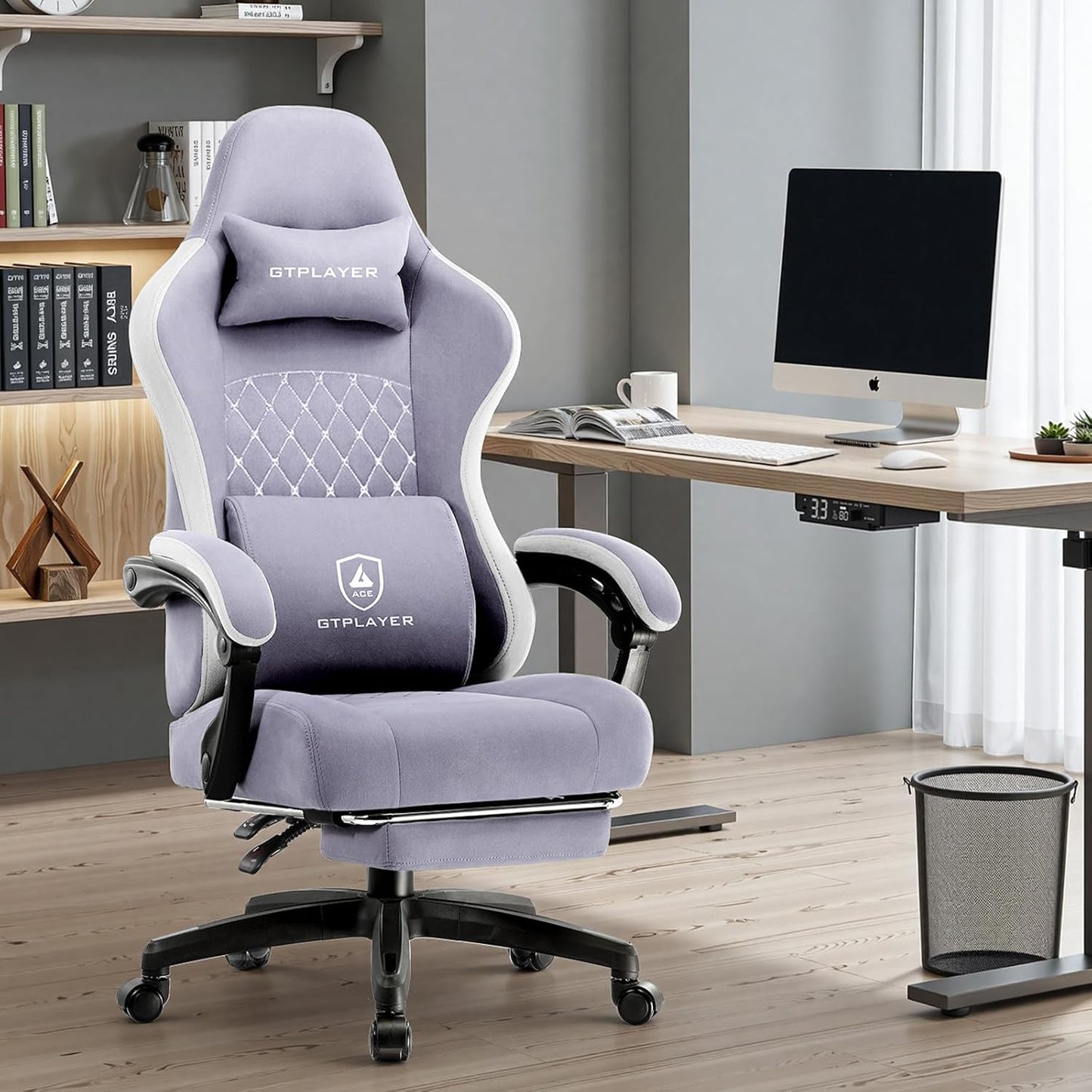 GTPLAYER Office Chair, Gaming Computer Desk Fabric Chair with Footrest, High Back Ergonomic Office Chair with Pocket Spring Lumbar Support and Linkage Armrests Adjustable Height Swivel for Home Task
