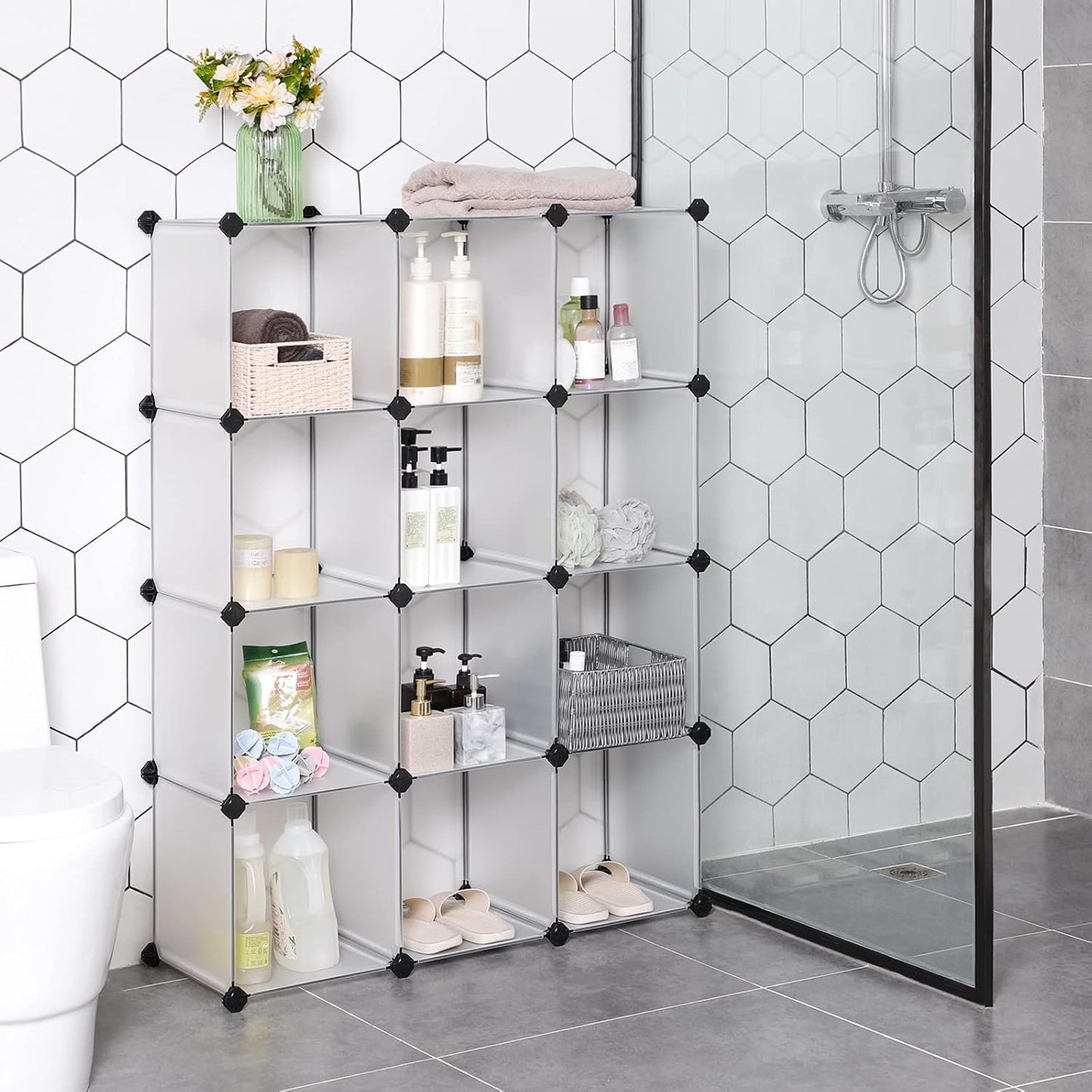 SONGMICS Cube Storage Organizer, Set of 12 Plastic Cubes, Book Shelf, Closet Organizers and Storage, Room Organization, Bedroom Living Room, 12.2 x 36.6 x 48.4 Inches, White ULPC34L