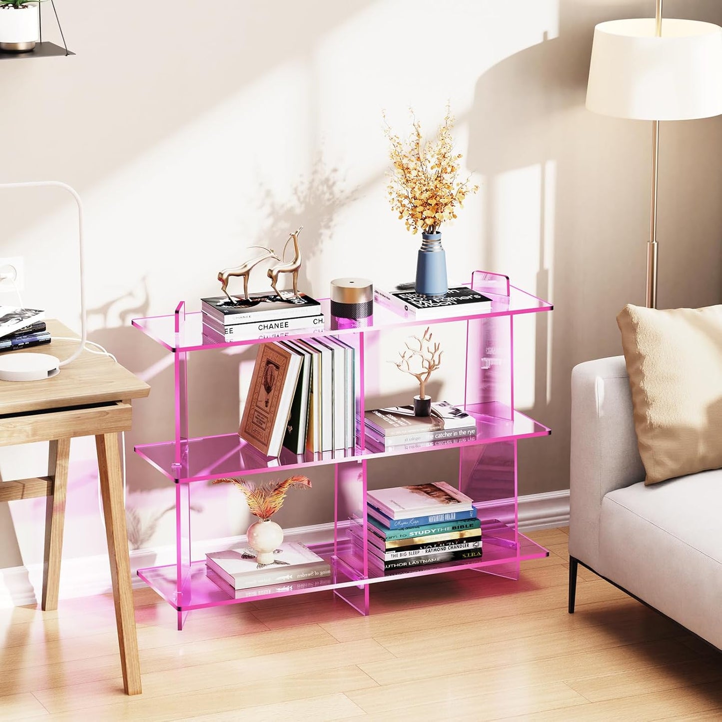 Acrylic Bookshelf, Small 3 Tier Open Bookcase for Small Spaces,Sofa Table, Hallway Entry Table for Home Living Room (Pink, 39.4'' x 11.8'' x 31.5'')