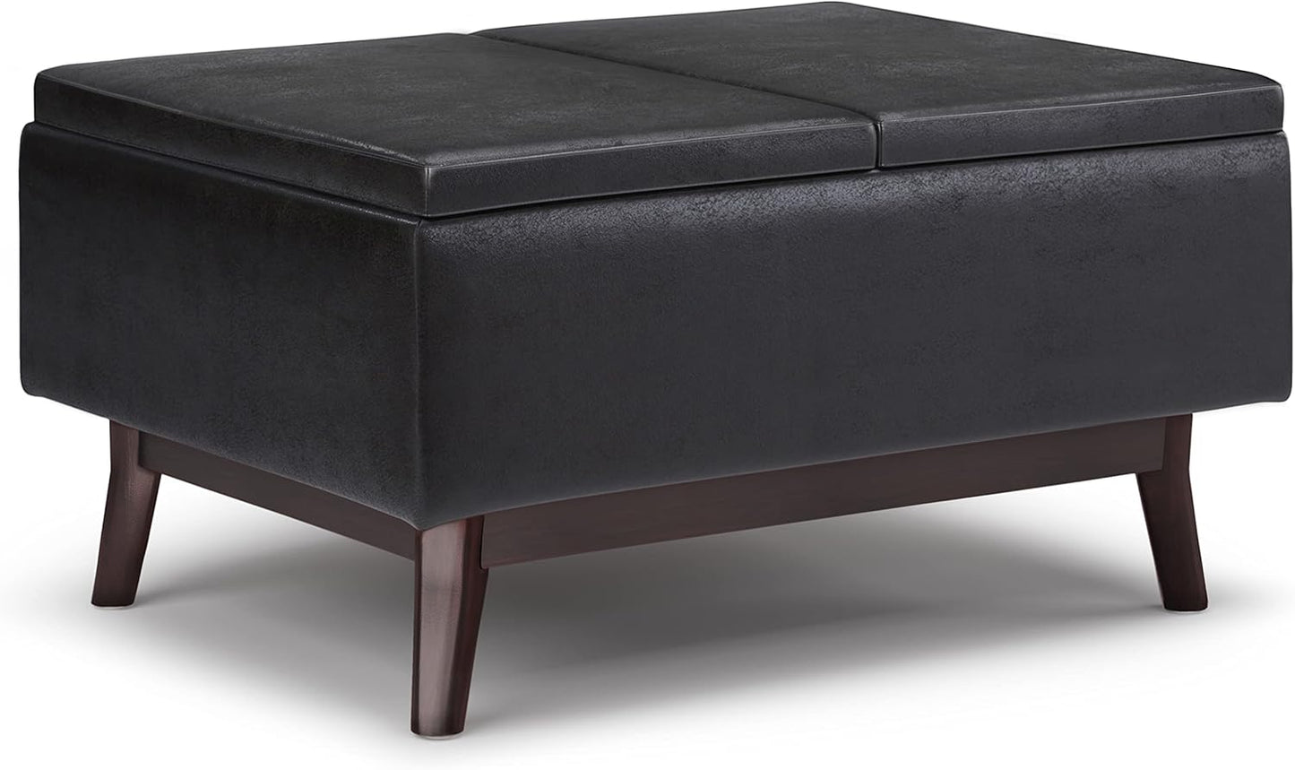 SIMPLIHOME Owen 34 inch Wide Mid Century Modern Rectangle Tray Top Small Coffee Table Storage Ottoman in Distressed Black Vegan Faux Leather, Assembled, for the Living Room, Entryway and Family Room