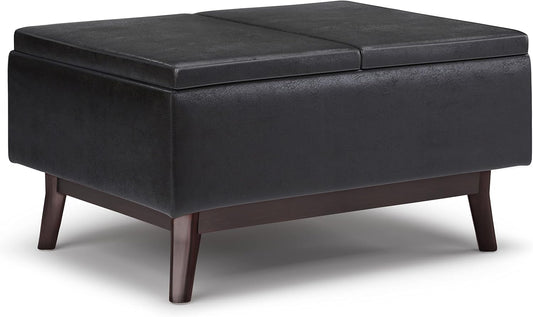 SIMPLIHOME Owen 34 inch Wide Mid Century Modern Rectangle Tray Top Small Coffee Table Storage Ottoman in Distressed Black Vegan Faux Leather, Assembled, for the Living Room, Entryway and Family Room