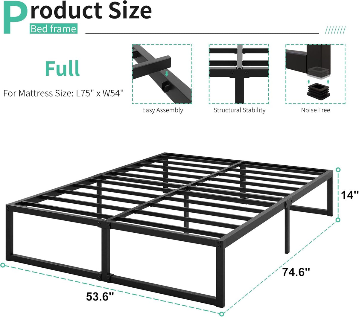 14 Inch Full Size Bed Frame No Box Spring Needed, Heavy Duty Metal Platform Beds with Sturdy Steal Slats for Mattress Foundation, Easy Assembly, Noise Free, Black