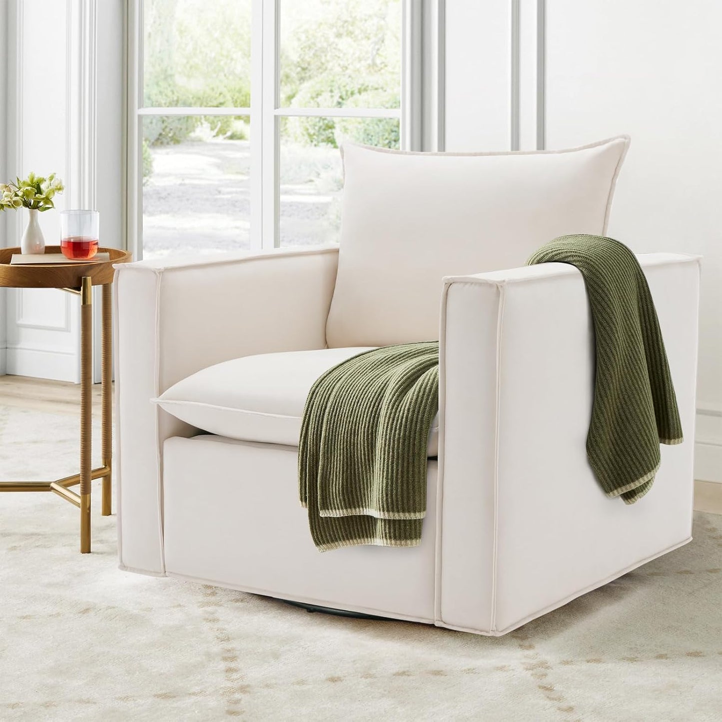 COLAMY Swivel Accent Chair, 34 Inches Wide Upholstered Arm Chair with Plump Back Pillow, Modern Sofa Living Room Chair for Bedroom, Corner, Reading Nook-Beige