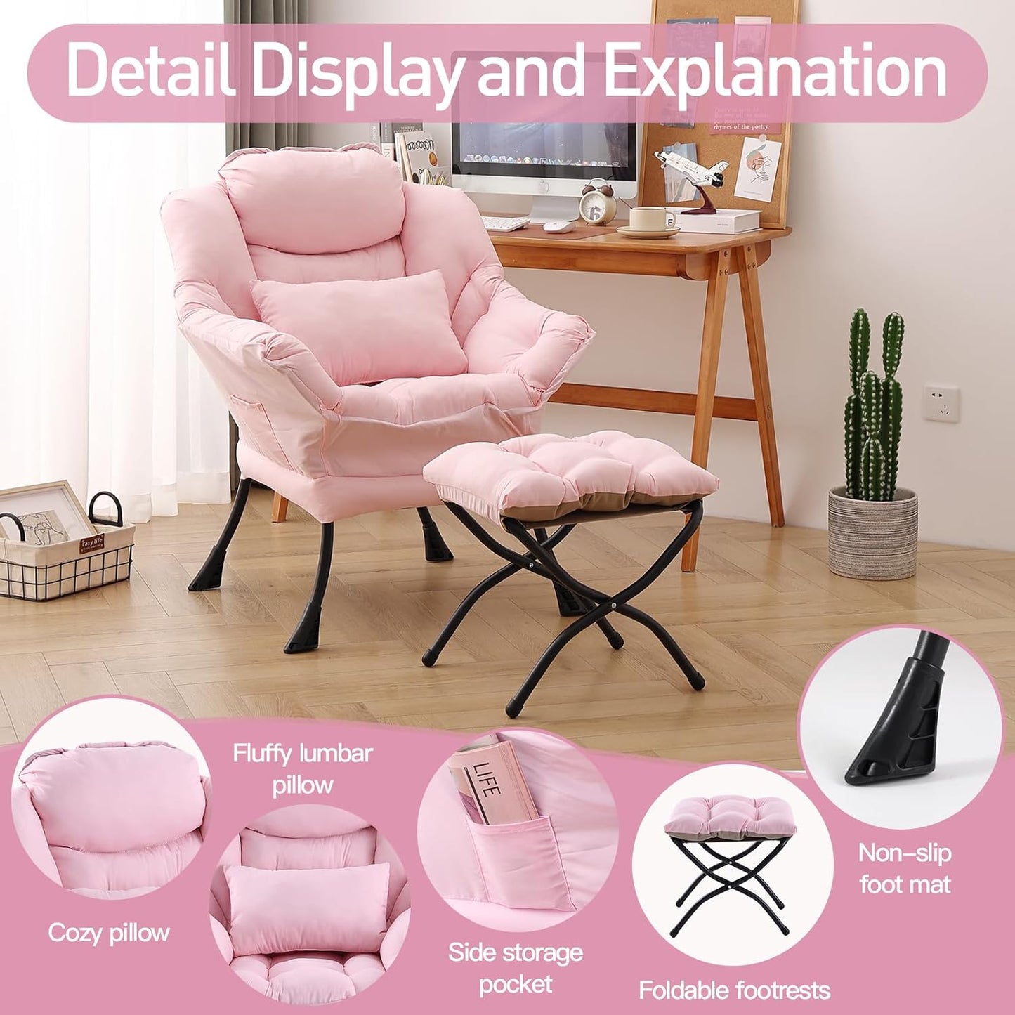 Lazy Chair with Ottoman, Modern Accent Chair with Lumbar Pillow, Comfy Chairs with Folding Footrest for Bedroom, Reading, Oversized Supportive Lounge Chairs(Pink)