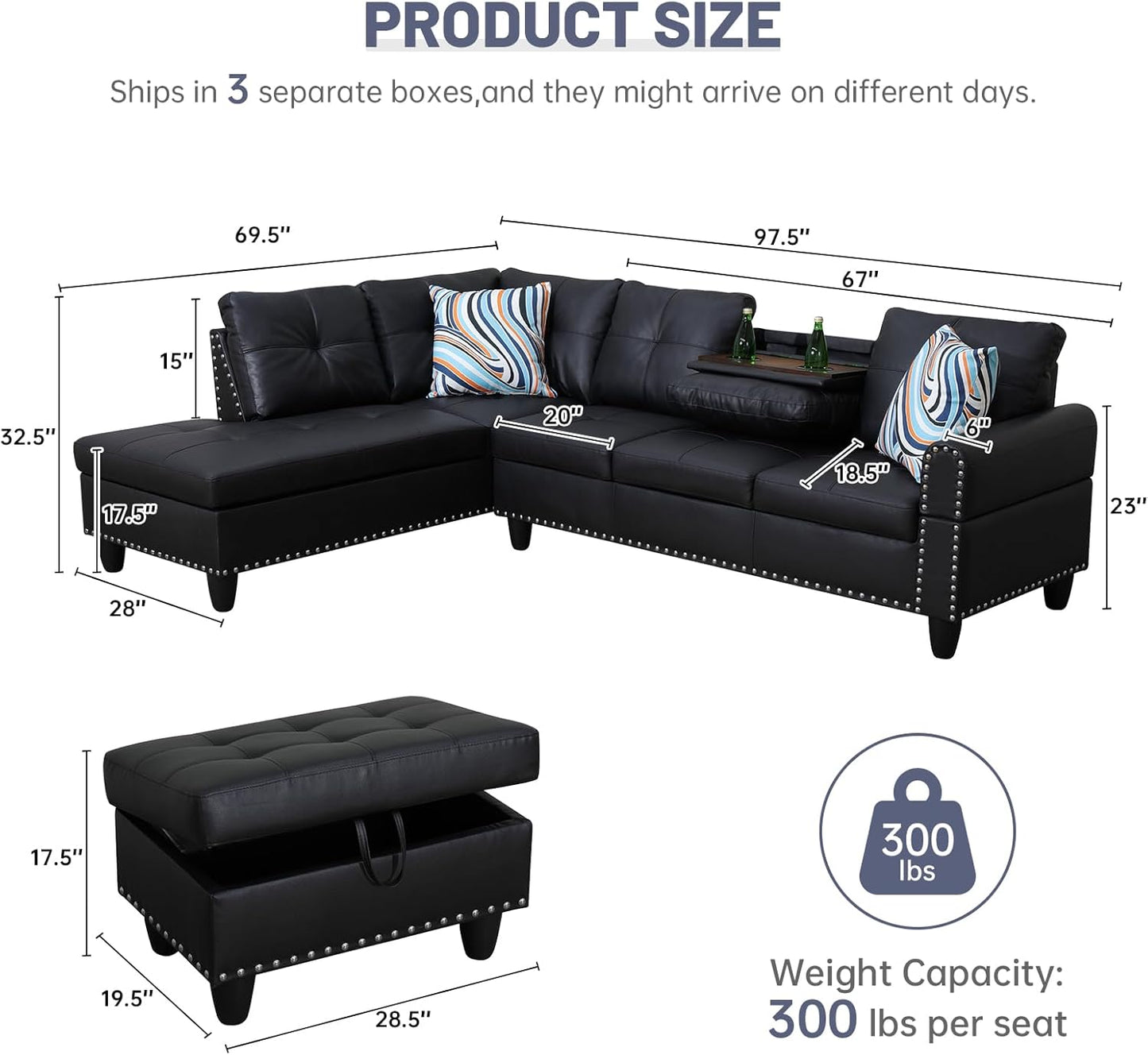 L Shaped Modular Sectional Sofa with Reversible Chaise Lounge, 5-Seater Corner Couch, PU Leather Convertible Sofá w/Movable Ottoman, Cup Holders, 2 Pillows and Rivet Ornament for Living Room