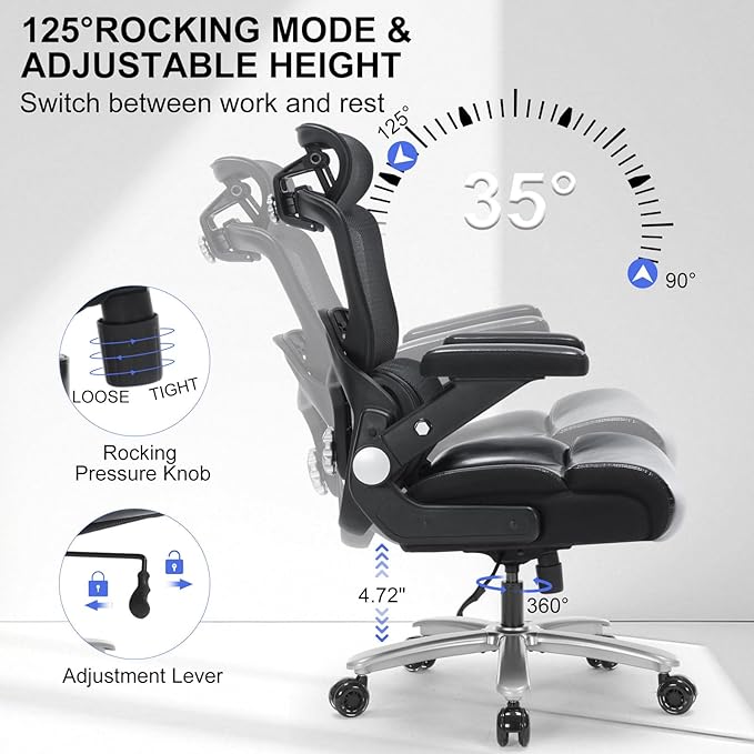 Big and Tall Ergonomic Office Chair 500lbs,High-Back Mesh & PU Leather Chair with 3D Headrest,3D Armrests, Adjustable Lumbar Support,Wide Seat Heavy Duty Executive Cpmputer Chair,Black