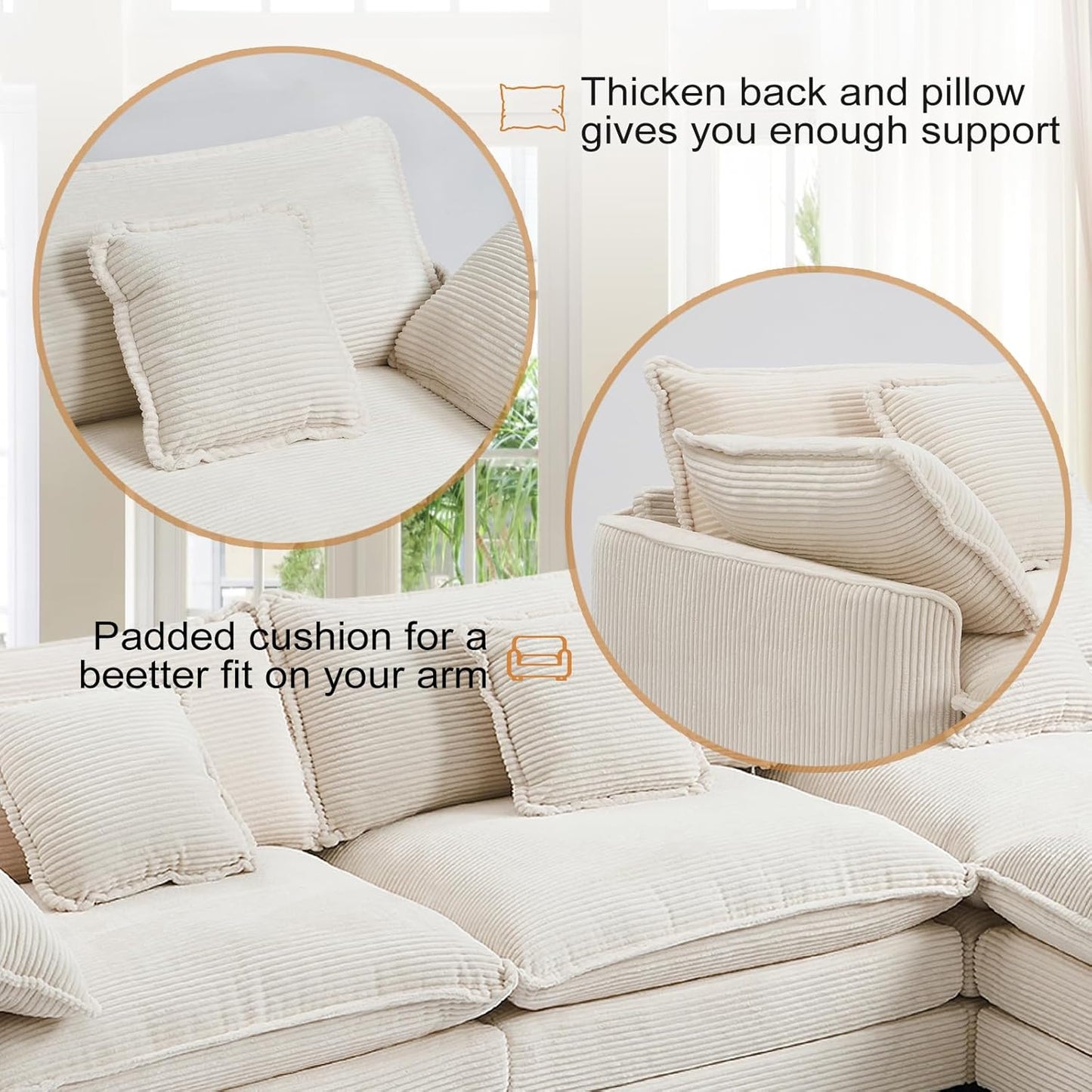 Furniliving Oversized Accent Chair with Ottoman, Luxury Corduroy Single Sofa, Upholstered Deep Seat Chaise Lounge with Pillows for Living Room, Bedroom, Apartment, Beige