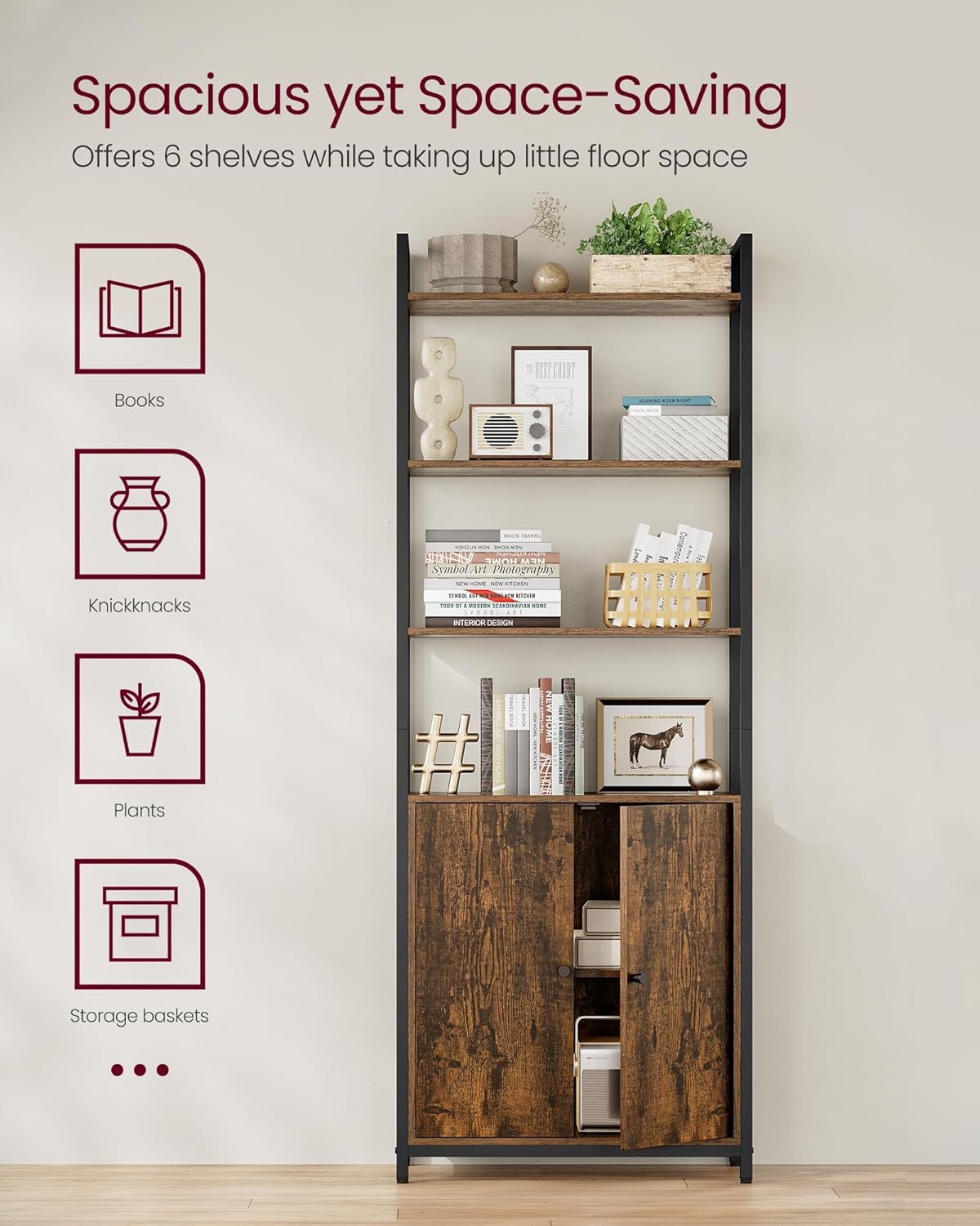 VASAGLE 6-Tier Bookshelf, Tall Bookcase with Cabinet, Steel Frame, Adjustable Shelves, 9.4 x 23.6 x 62.8 Inches, Living Room Bedroom, Rustic Brown and Ink Black ULLS133K01