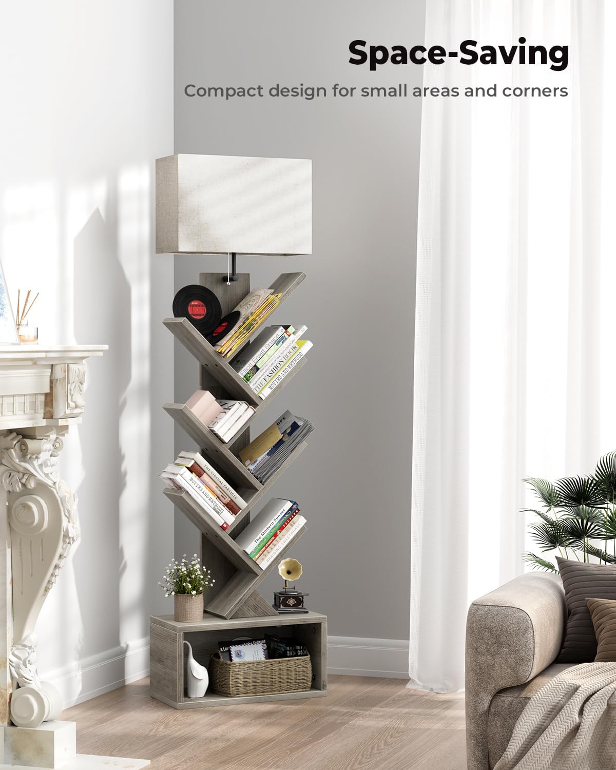 6 Tier Tree Bookshelf with Light, Narrow Bookcase Tower, Tall Floor Standing Book Shelf Organizer with Storage Cabinet for Living Room, Bedroom and Home Office, Gray