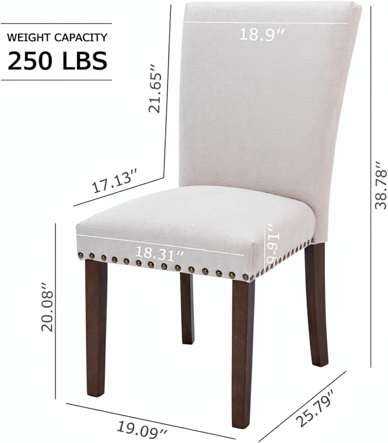 Set of 4 Beige Upholstered Dining Chairs – Farmhouse Kitchen Chairs with High Back, Solid Rubberwood Legs, Padded Foam Seat & Bronze Nailhead Trim, Comfortable Dining Room Chairs for Home, Living Room