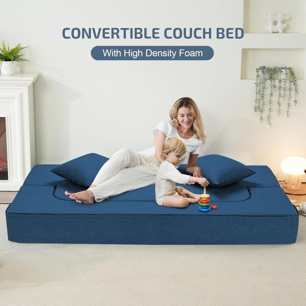 2-in-1 Folding Sofa Bed with Pillows - Folding Chair Floor Couch & Sleeping Mattress - Washable Cover & Memory Foam Sleeper Chair for Living Room/Guest Room/Apartment/Loft, Navy Blue, Twin