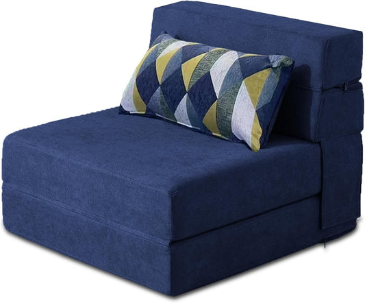 Folding Sofa Bed with Pillow Memory Foam Convertible Sleeper Chair Bed Couch Futon Lazy for Living Room/Home Office/Guest Beds/Apartment/Upstairs Loft,Single Size,Dark Blue