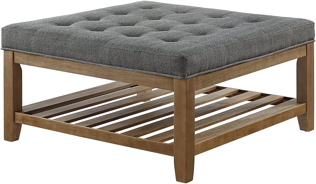24KF Large Square Upholstered Tufted Linen Ottoman Coffee Table, Large Footrest Ottoman with Solid Wood Shelf-Granite