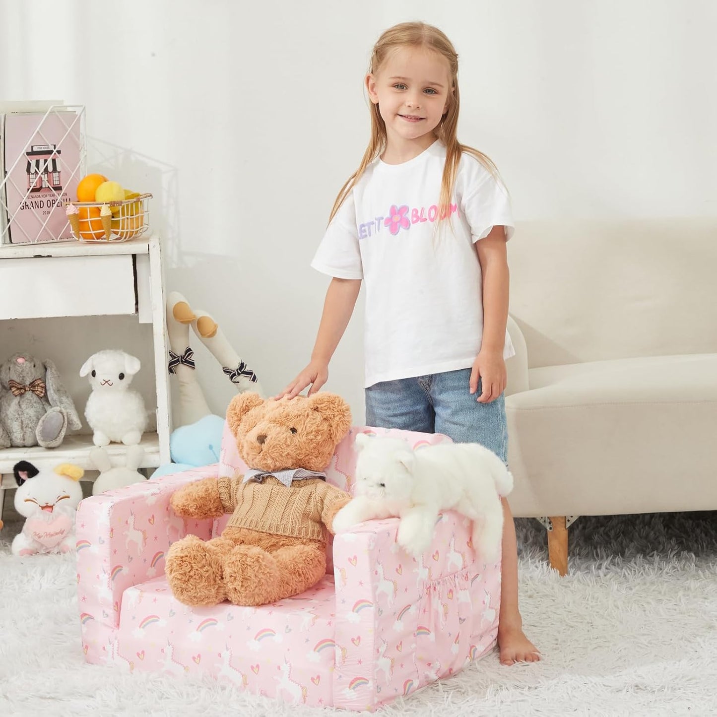 Viviland Kids Chairs for Toddler,2-in-1 Soft Toddler Couch Fold Out,Convertible Soft to Lounger Toddke Chair Comfy for Girls and Boys,Pink Unicorn