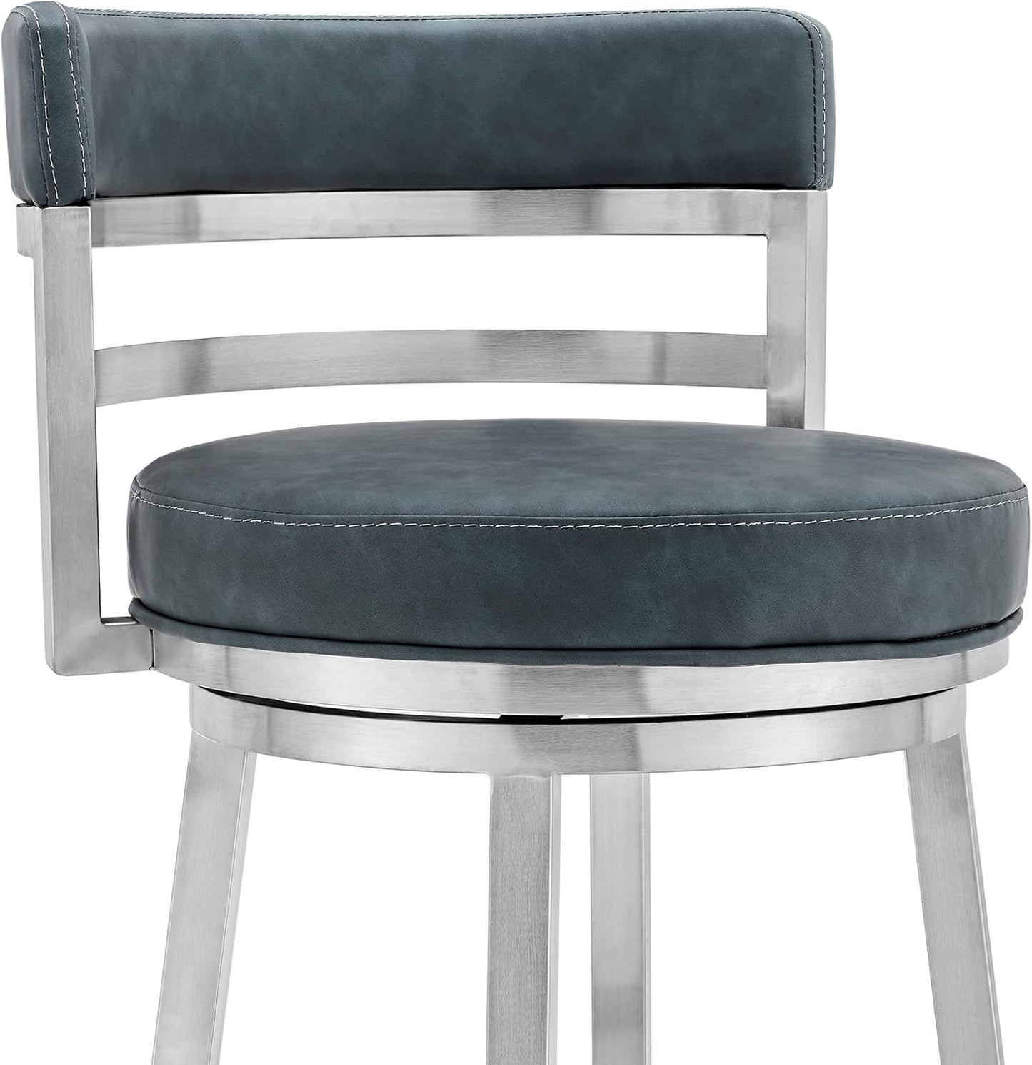 Armen Living Madrid 26" Seat Height Swivel Modern Blue Faux Leather and Brushed Stainless Steel Bar Stool for Kitchen Island Counter