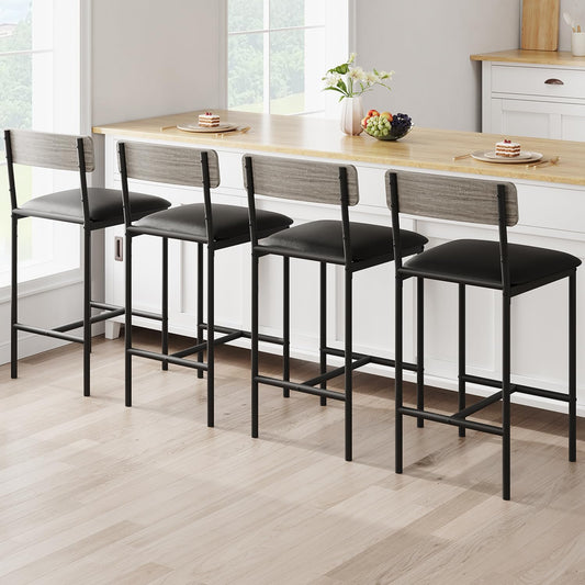GarveeHome Bar Stools Set of 4, Upholstered Counter Height Bar Stools with Backrest and Footrest, Kitchen Barstools for Island, Counter Bar, Easy Assembly, Rustic Gray