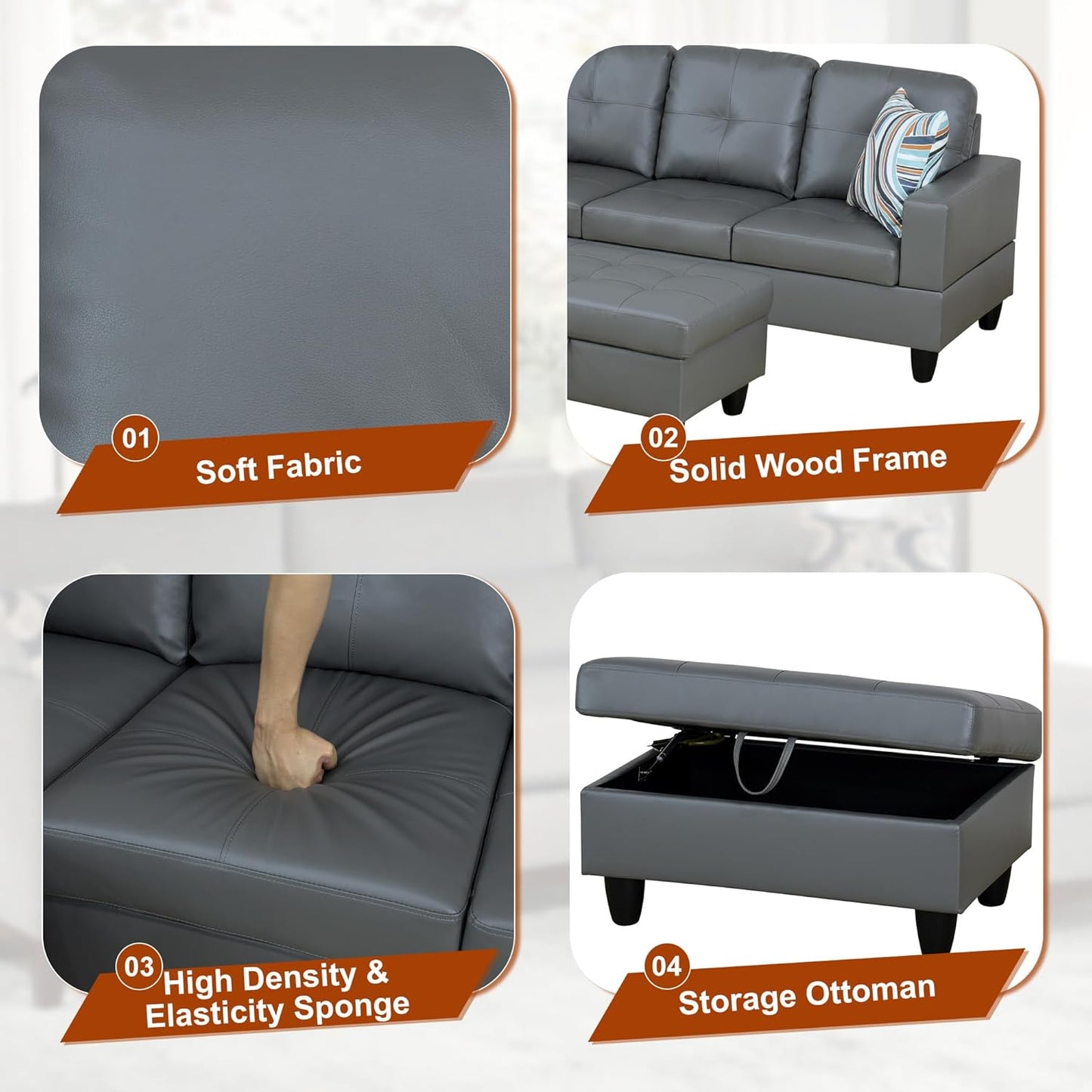 Osparple L Shaped Couch PU Leather Sectional Couches for Living Room Upholstered 3 Pieces Modular Sectional Sofa with Chaise, Ottoman with Storage for Living Room and Small Apartment, Dark Grey