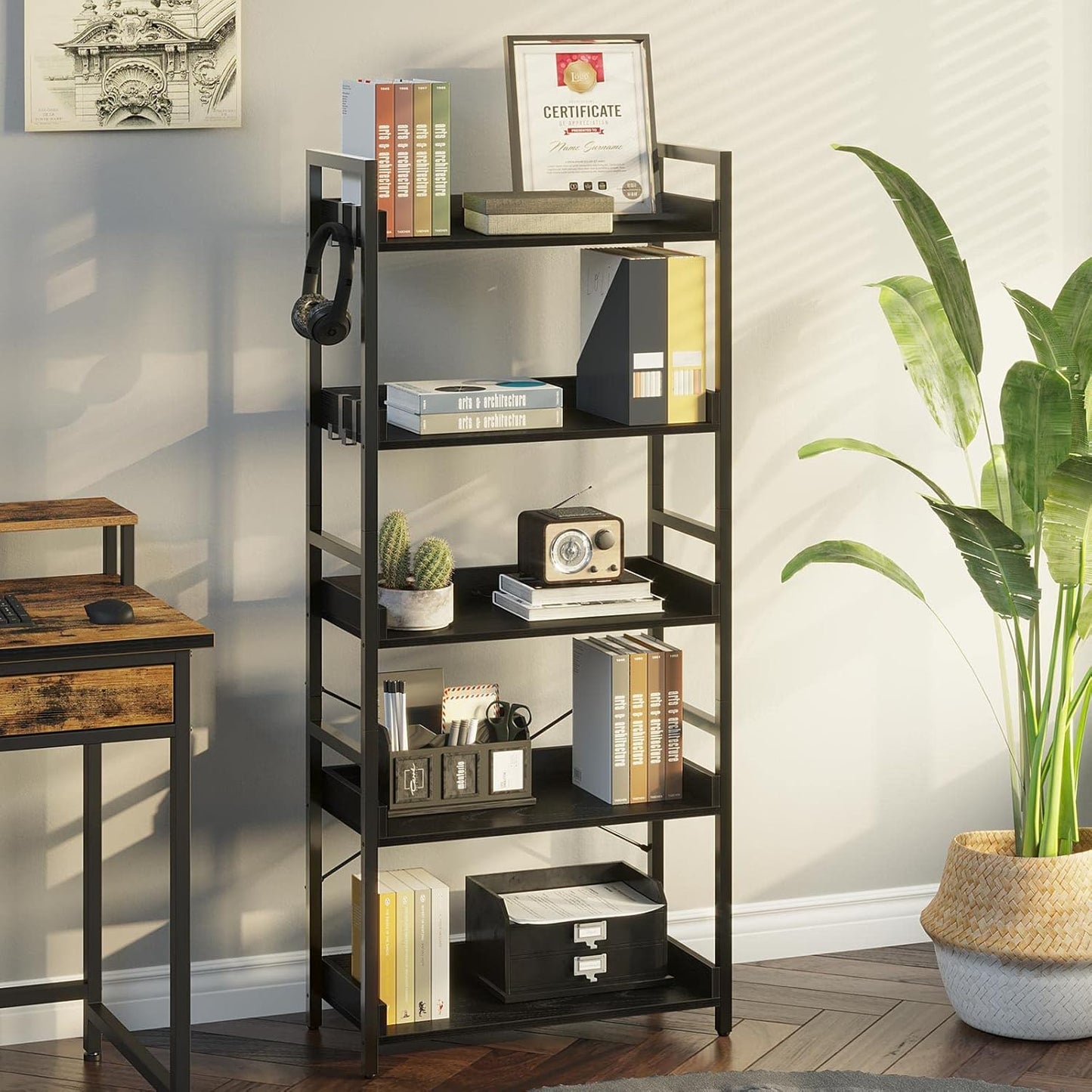 Rolanstar Bookshelf 5 Tier with 4 Hooks, Industrial Wood Bookcase, Vintage Storage Rack with Open Shelves, Rustic Standing Bookshelves Metal Frame Display Rack for Living Room, Bedroom, Black
