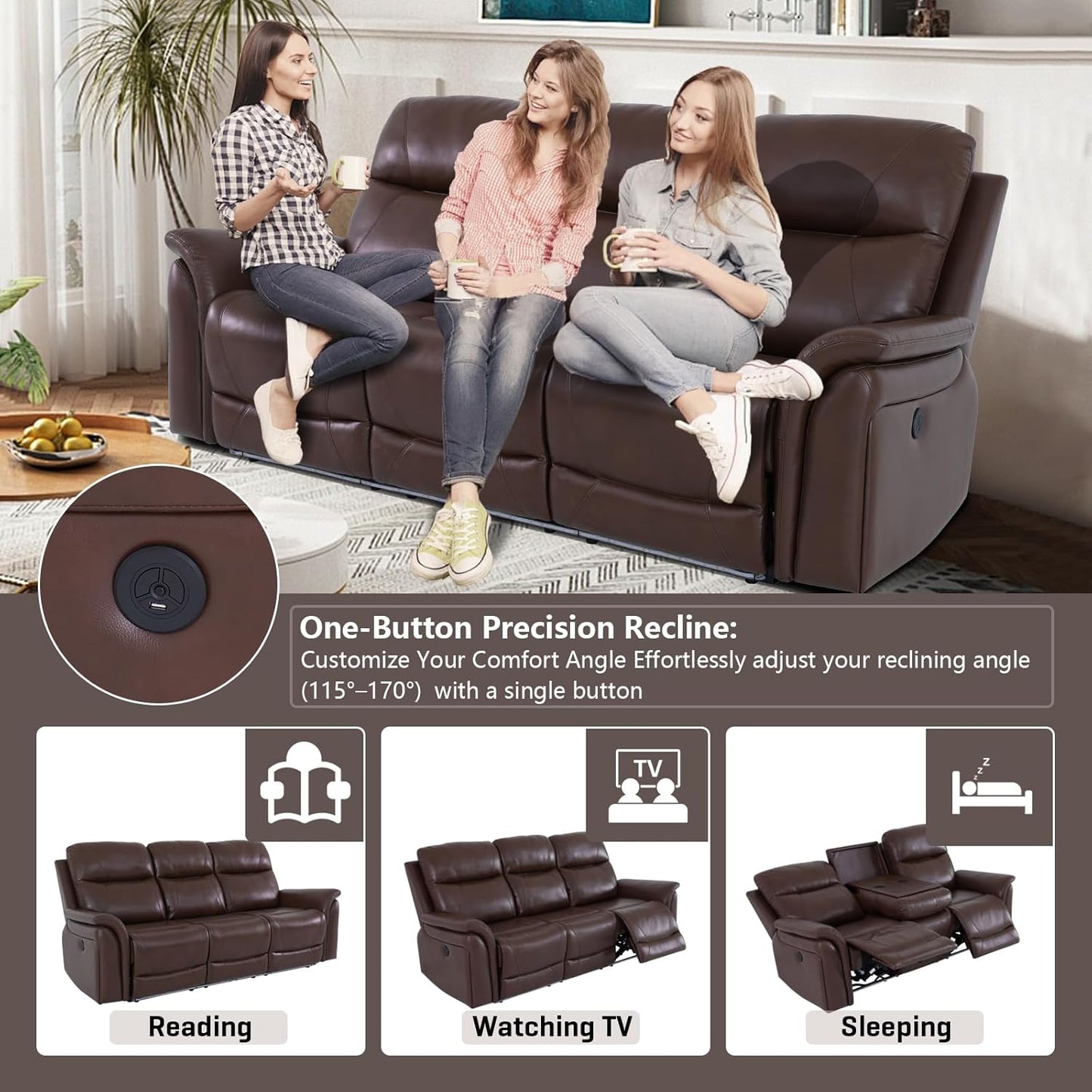 PU Leather Power Wall Hugger Chair Double Reclining Sectional Sofa 3-Seater Loveseat Couch with Reversible Coffee Table, Wireless Chargers, USB Port and Ambient LED Light for Living Room RV Theater