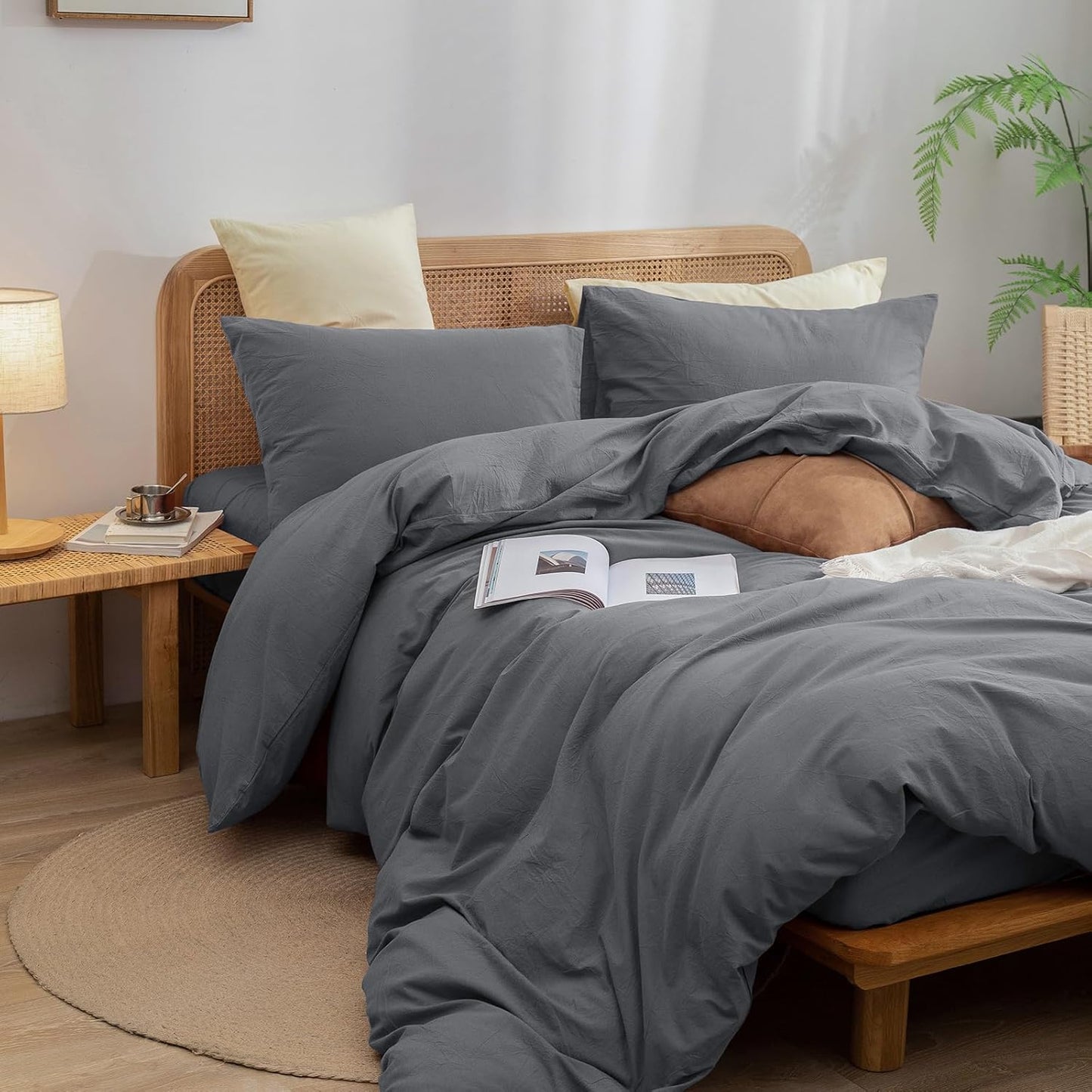 BESTOUCH Duvet Cover Set 100% Washed Cotton Linen Feel Super Soft Comfortable Chic Lightweight 3 PCs Home Bedding Set Solid Quiet Shade Grey Super King Plus