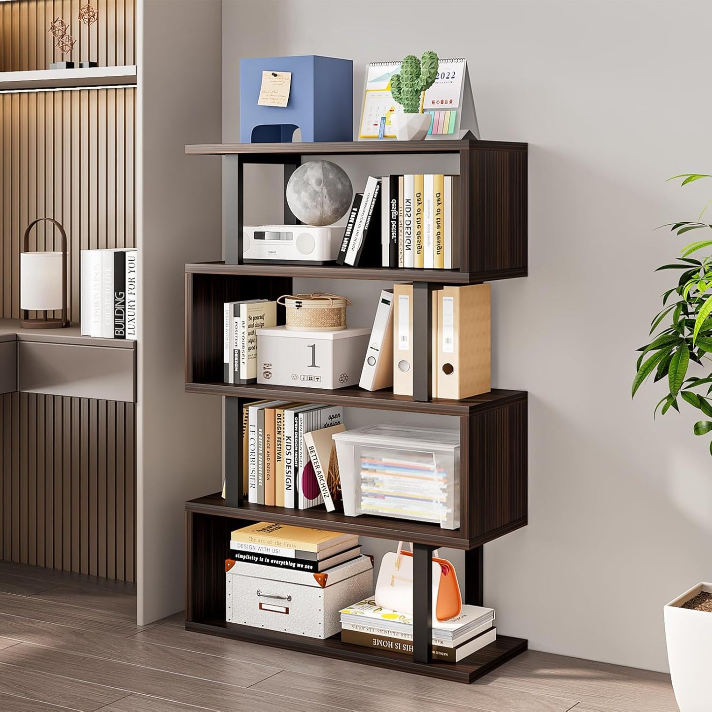 SORCEDAS Bookshelf Geometric Bookcase S Shaped Industrial Bookshelf Storage Display Stand Shelf for Living Room Bedroom and Office Room (Black, 4 Tier)