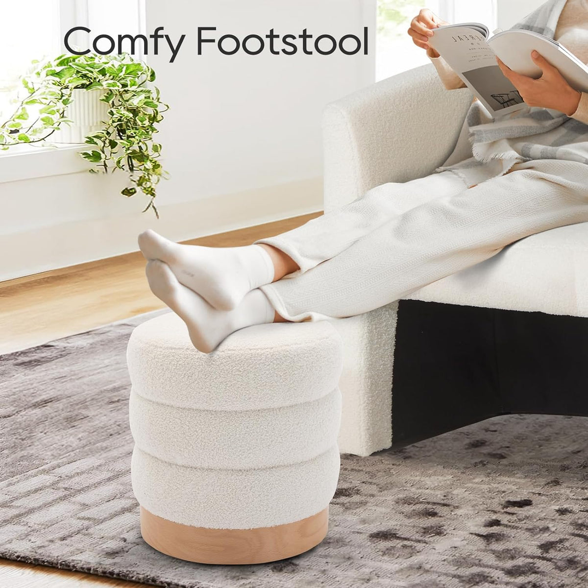 COLAMY Sherpa Ottoman Footstool, Tufted Modern Foot Rest Stool with Wood Base for Living Room, Bedroom, Desk, Round Versatile Side End Table, Pouf, Makeup Seat, Cream