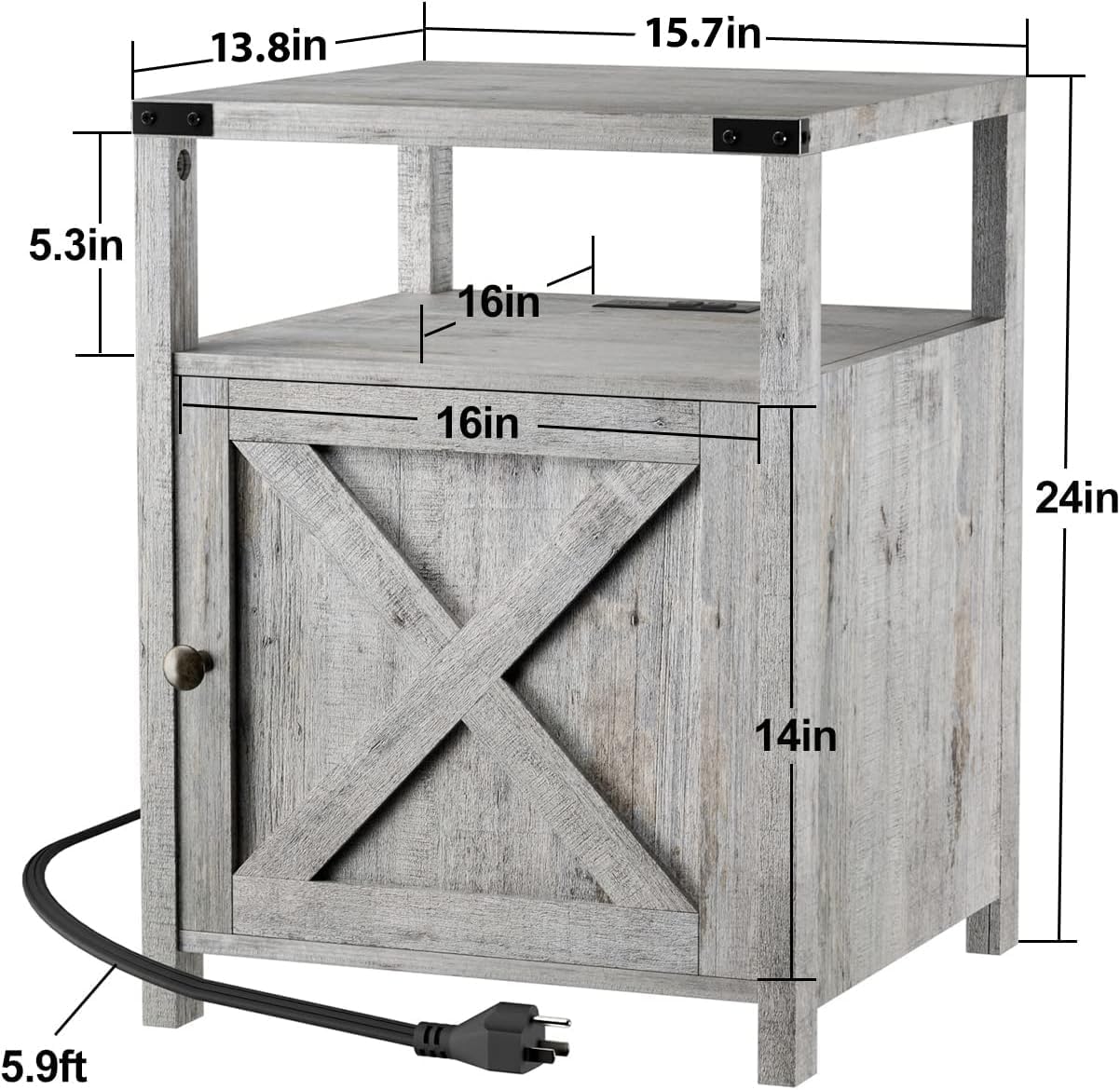 Farmhouse Nightstand with Charging Station, Grayish White End Table Bedroom with Storage Living Room Side Table Beige Night Stand Industrial Bedside Bed Table with USB Ports and Outlets
