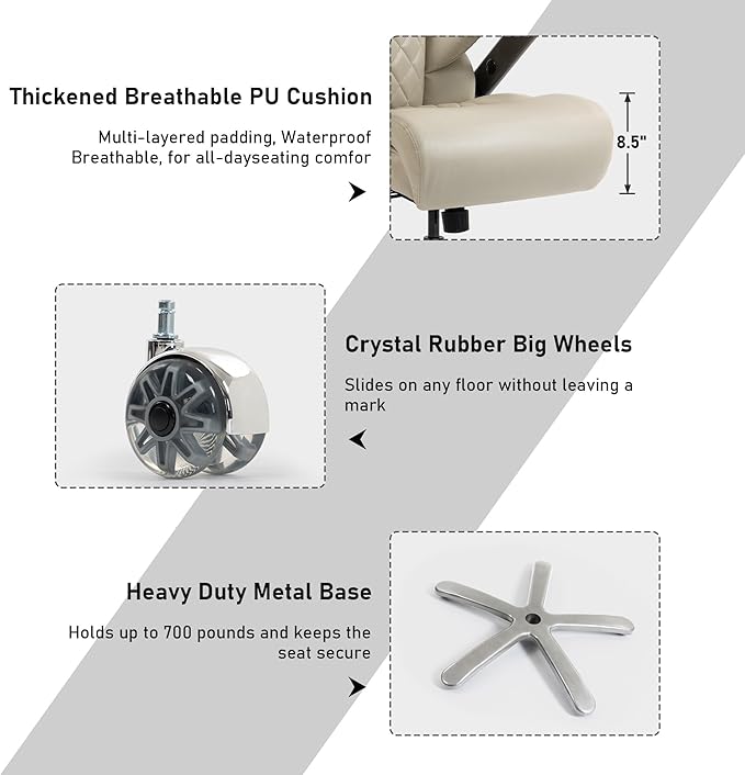 DYHOME 700LBS Heavy Duty Office Chair with 4d Armrest, Big and Tall Office Chair, Ergonomic Computer Chair with Airbag Lumbar Support, Wider Thicker Seat Cushion, PU Comfy Office Desk Chairs, Beige