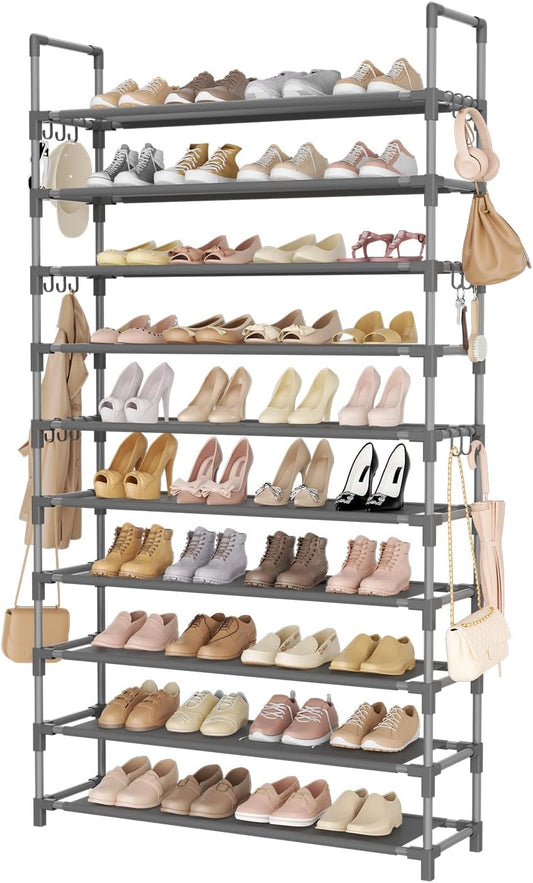 Tall Shoe Rack 10 Tier Shoe Organizer Large Shoe Shelf with 18 Hooks Storage for 50 Pair Sneaker and Boot, Stackable Vertical Shoe Rack Organizer for Closet, Entryway, Bedroom, Grey