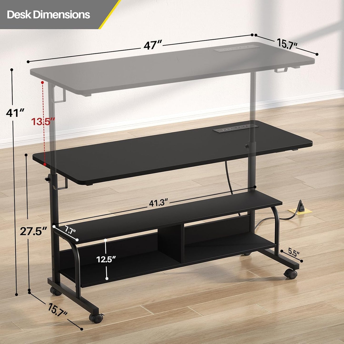 Armocity Height Adjustable Standing Desk with Power Outlets, 47" Manual Stand Up Desk with Storage Shelves Small Mobile Rolling Computer Desk Portable Laptop Table with Wheels for Home Office, Black