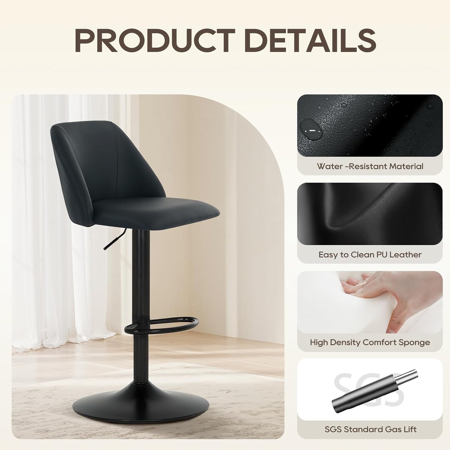 COLAMY Bar Stools Set of 4, Modern Swivel Bar Chairs, Adjustable PU Leather Upholstered Barstools Counter Height with Full Backrest for Bar, Dining Room, Kitchen Island, Black