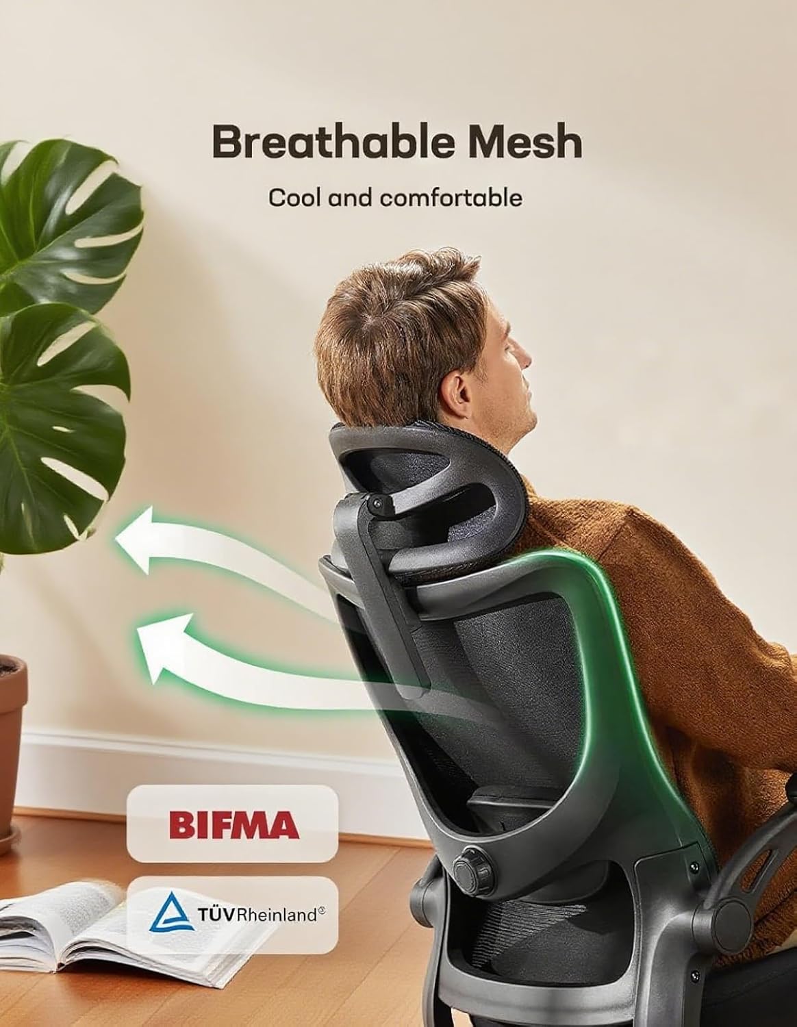 Marsail Ergonomic Office Chair with Headrest Mesh Office Computer Desk Chair with Adjustable Lumbar Support Rolling Work Swivel Task Chairs with Wheel 3D Armrests